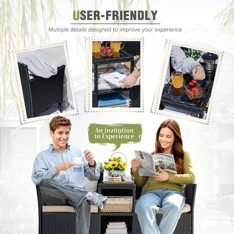 Vineego Outdoor Patio Loveseat Wicker Conversation Set with Center Storage Table and Cushions (Black, 2-Seat) ogpq5