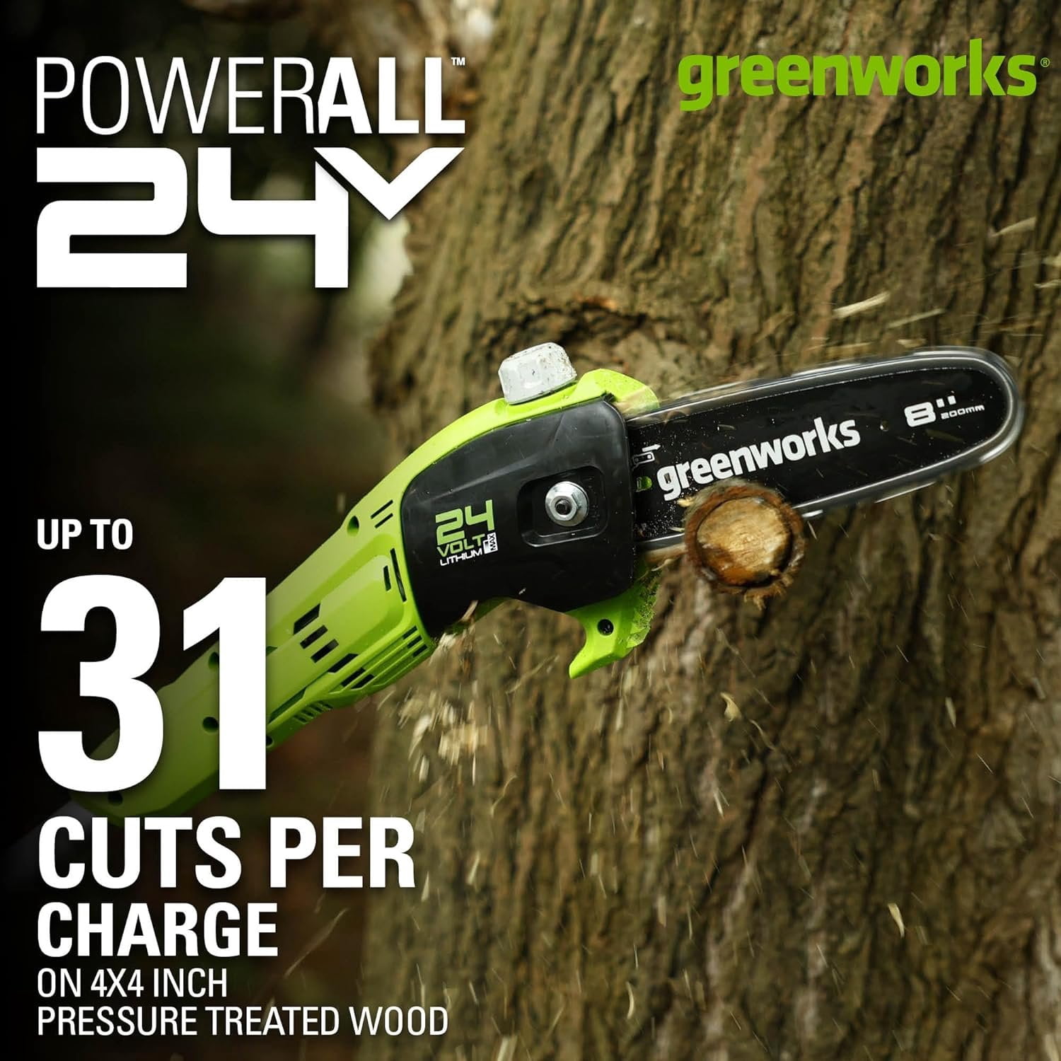 Greenworks 24V 8 in Cordless Pole Saw with 2.0Ah Battery and Charger (Green, 11 ft Reach) o7d4f