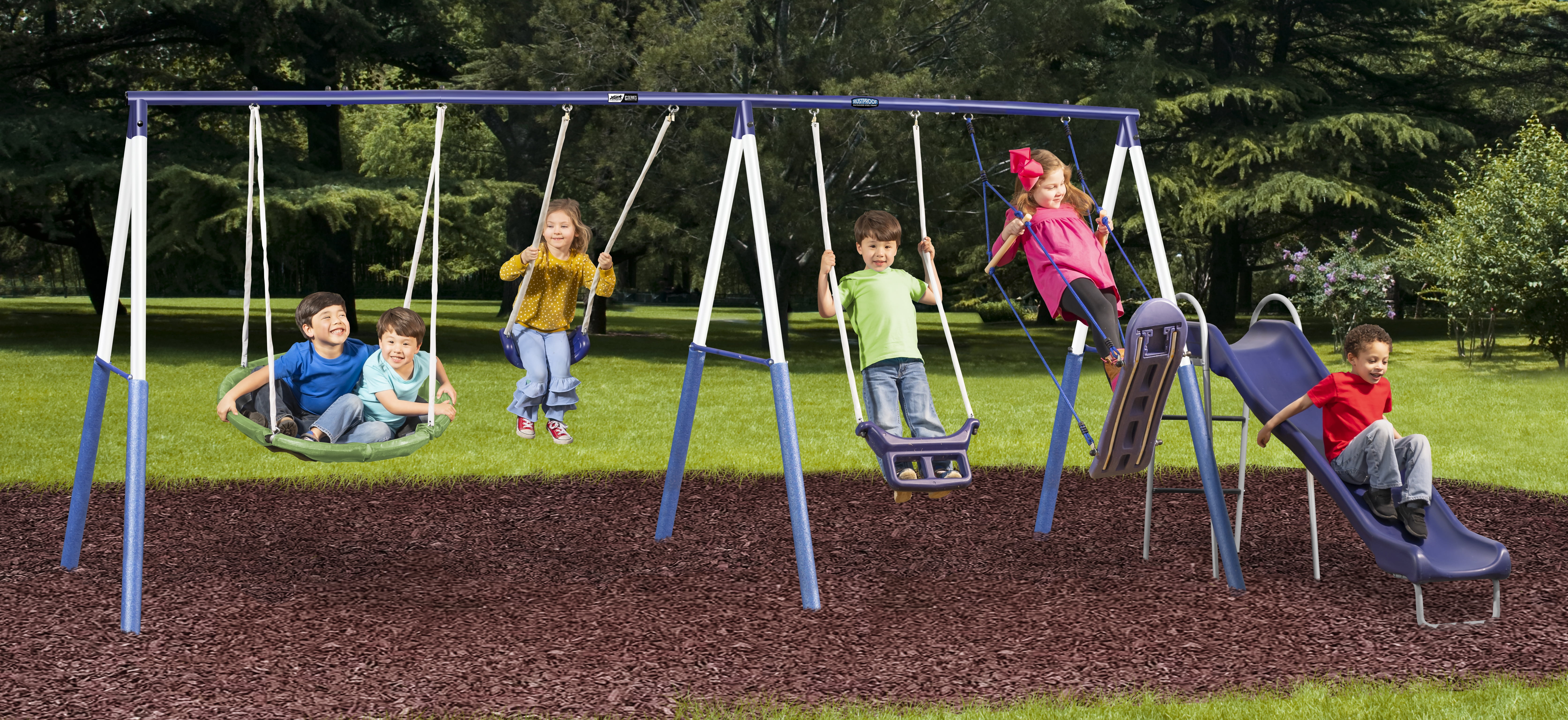 XDP Recreation Surf N Swing Set with Wave Slide, Super Disc Swing, and Stand-R-Swing (Blue, 179 in x 102 in x 74 in) p31vo