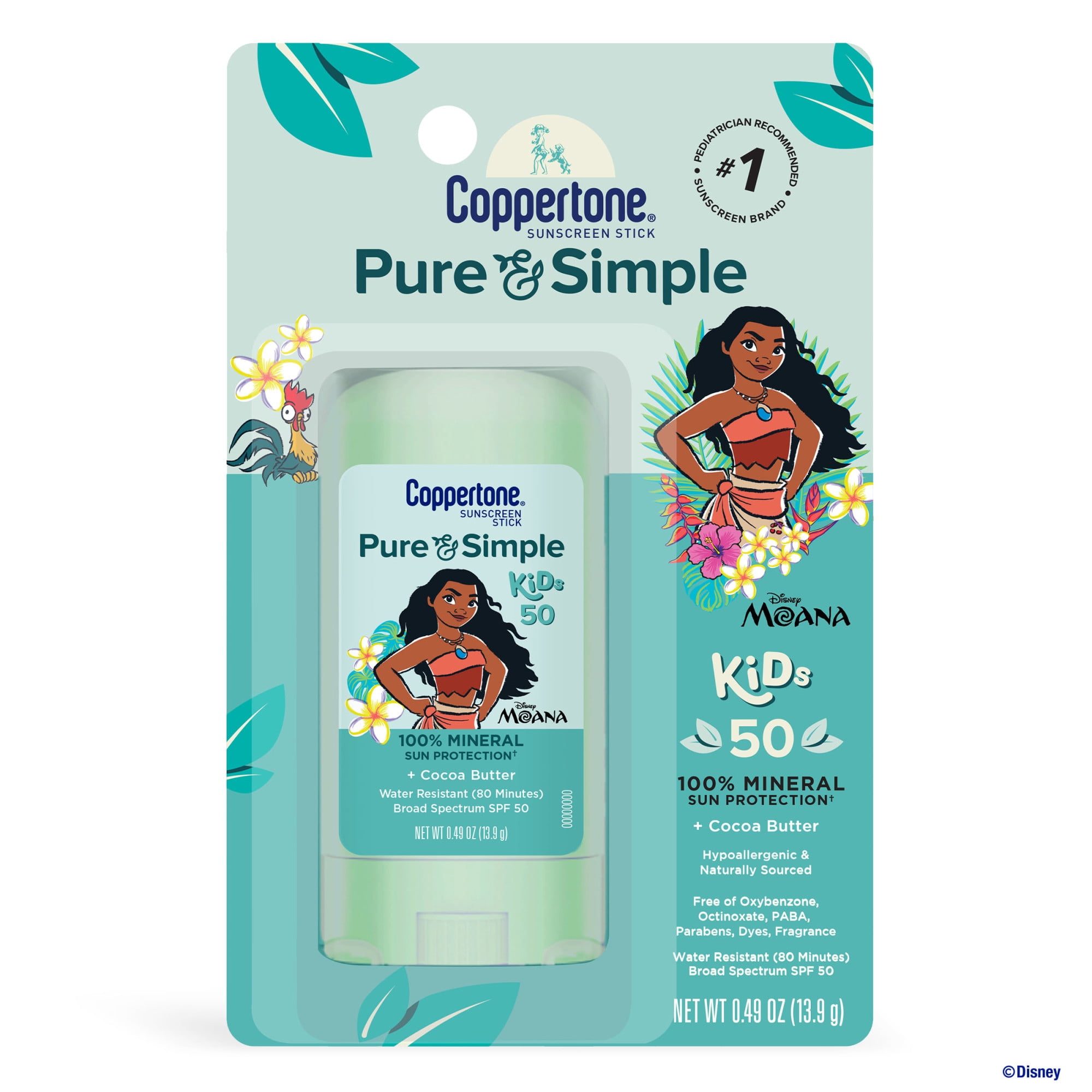 Coppertone Pure and Simple Kids Mineral Sunscreen Stick SPF 50, Disney Moana Edition (0.49 oz) tpvq0