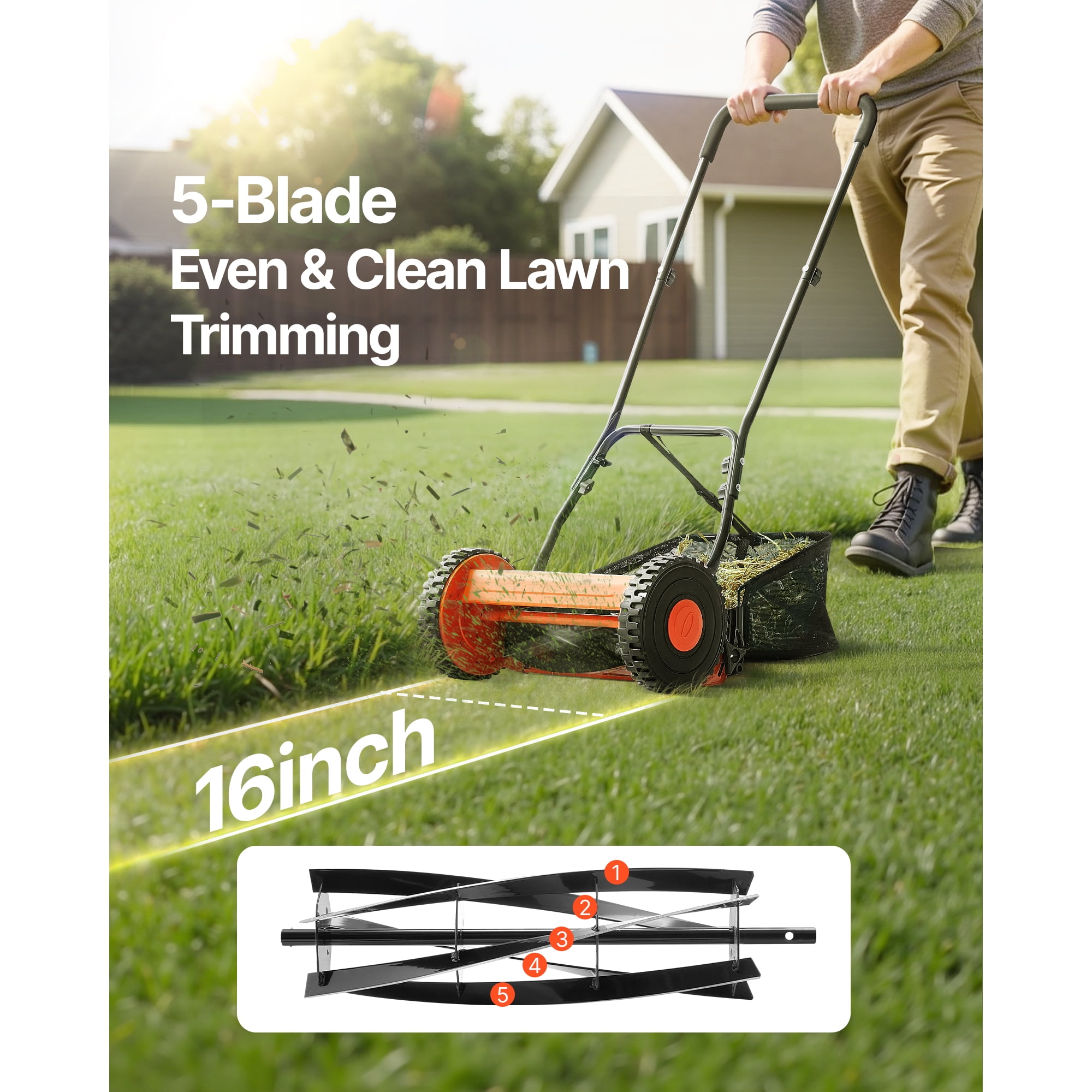 KFFKFF Manual Push Reel Lawn Mower, 5-Blade Cutting System, Adjustable Height, Includes Grass Collection Bag (16 in) eooyu