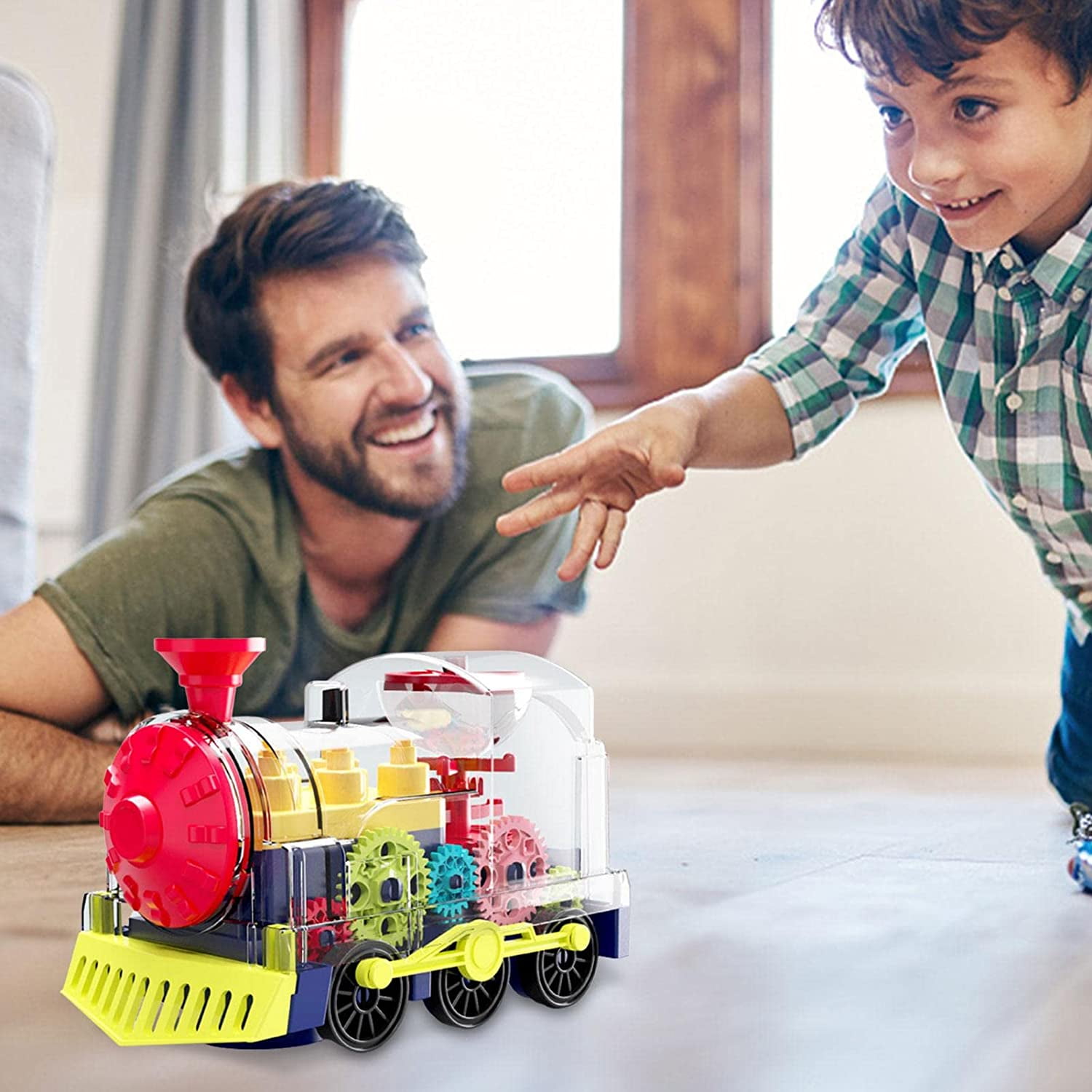 TiokMc Electric Gear Train Toy with Transparent Mechanical Design, Flashing Lights & Music (Clear, 6.7 in x 4.3 in x 3.5 in) tz6g9