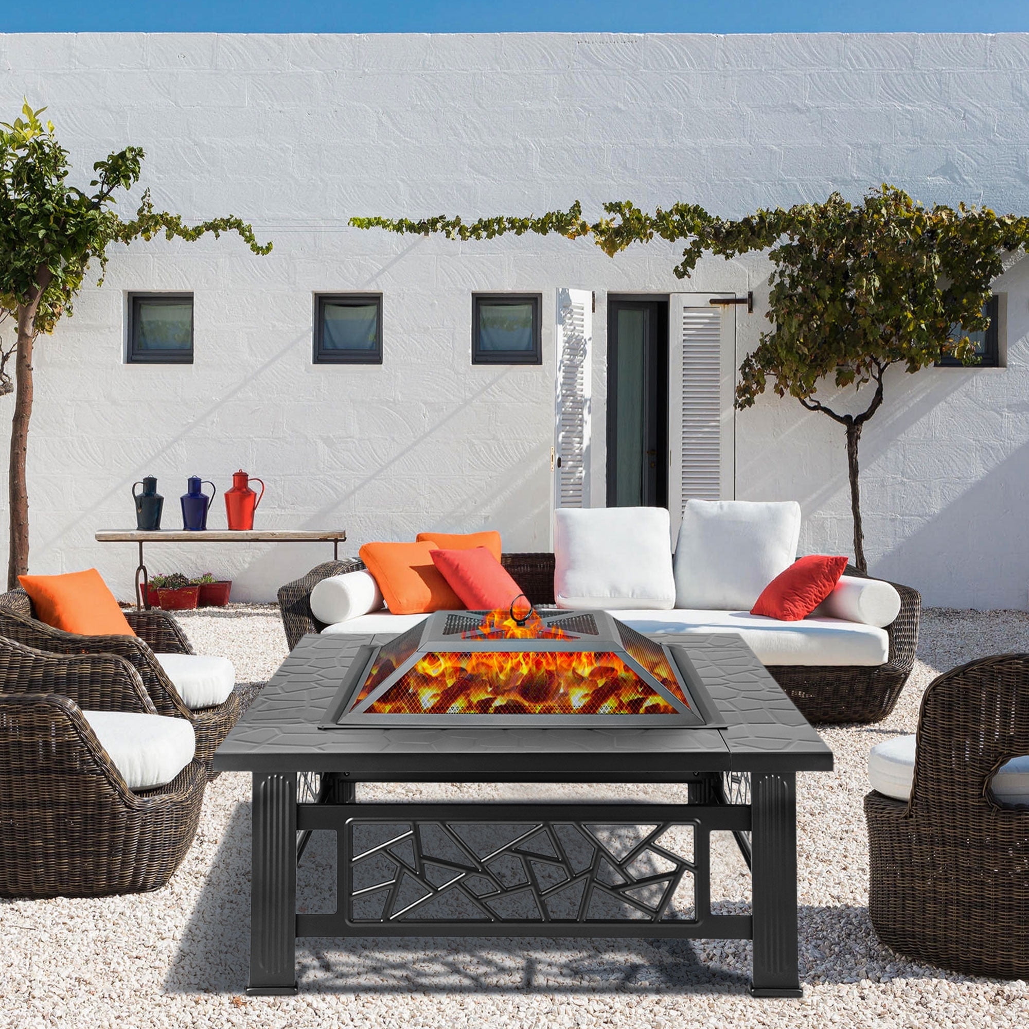Segmart 32 in Square Outdoor Fire Pit with Spark Screen and Lid (Black, 32 in) 6juqy