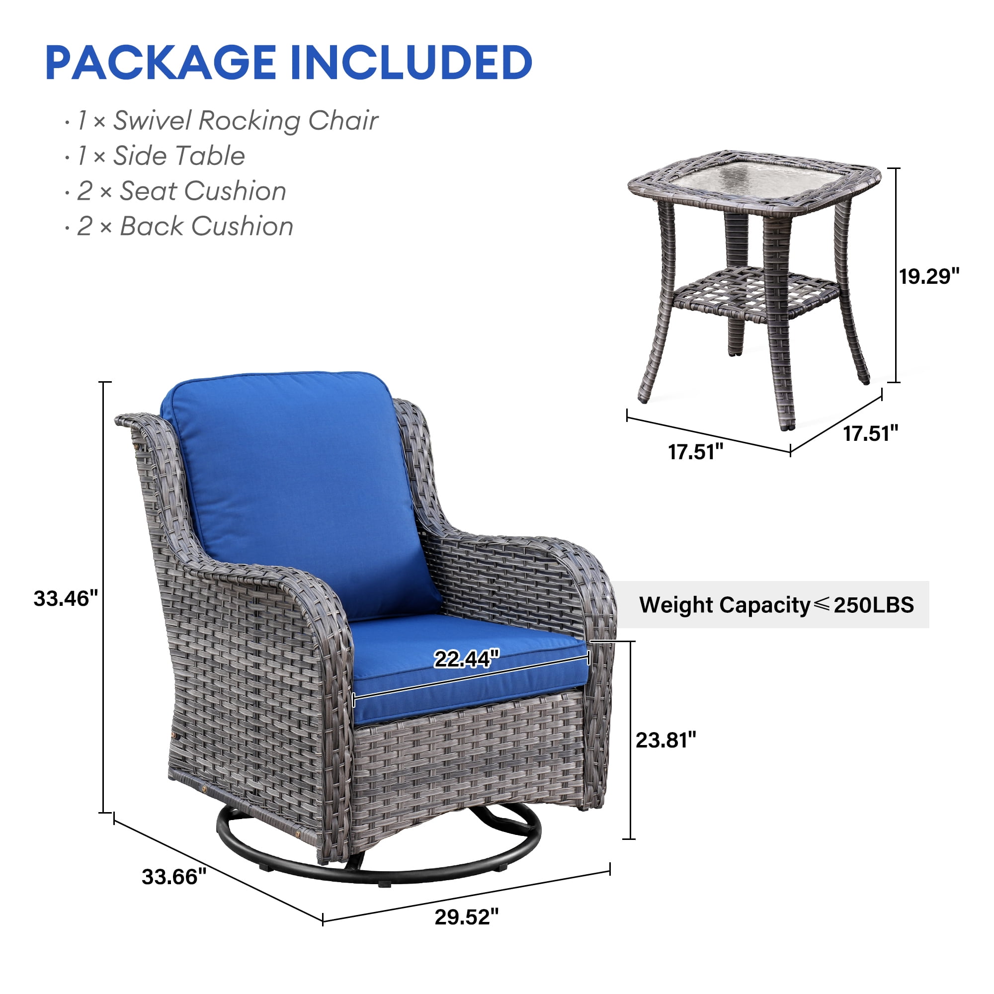 Ovios 3-Piece Patio Wicker Bistro Set with Swivel Rocking Chairs and Cushions (Blue, 3-Piece Set) acfyk