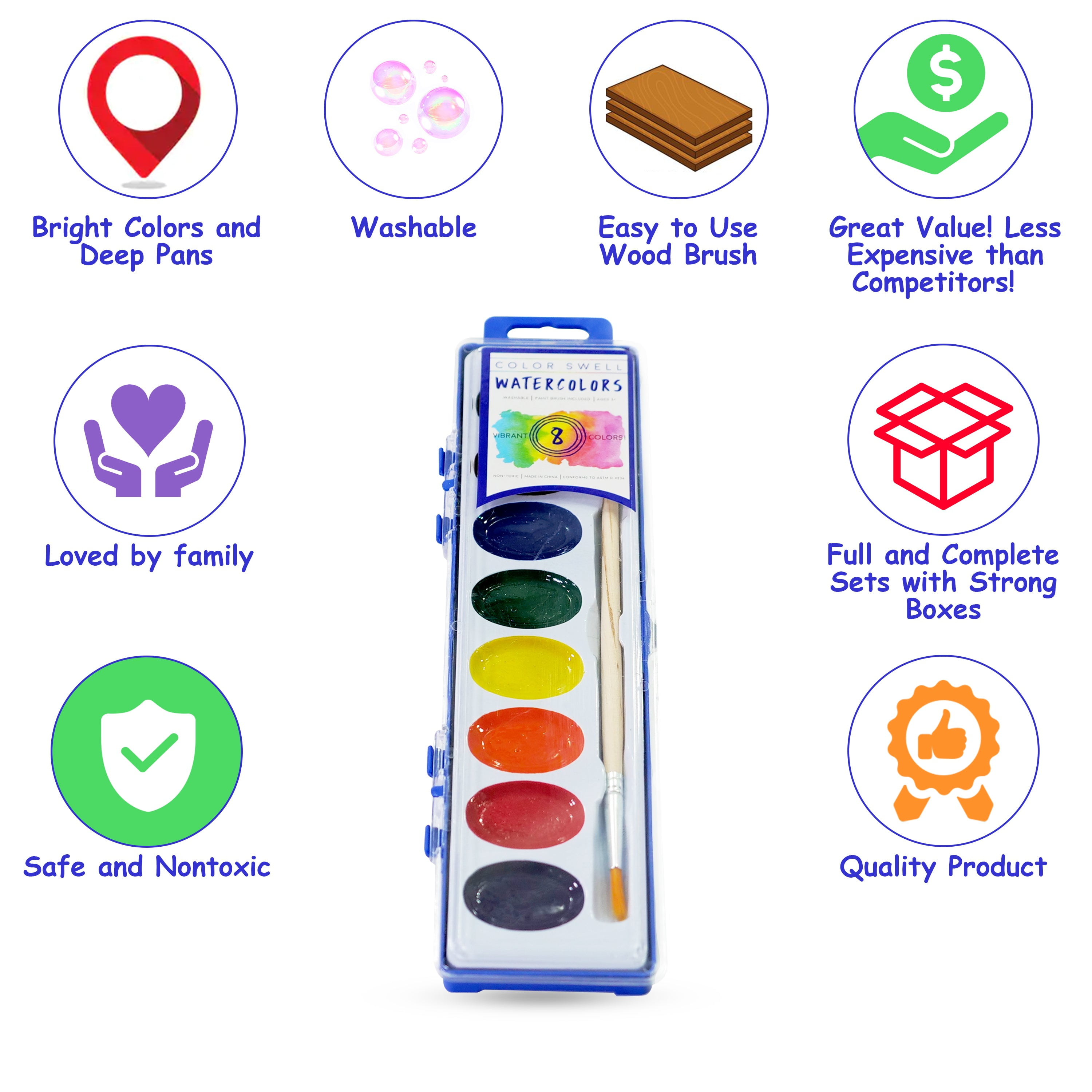 Color Swell Washable Watercolor Paint Set with Wood Brushes (Assorted, 20-Pack) 4nnem