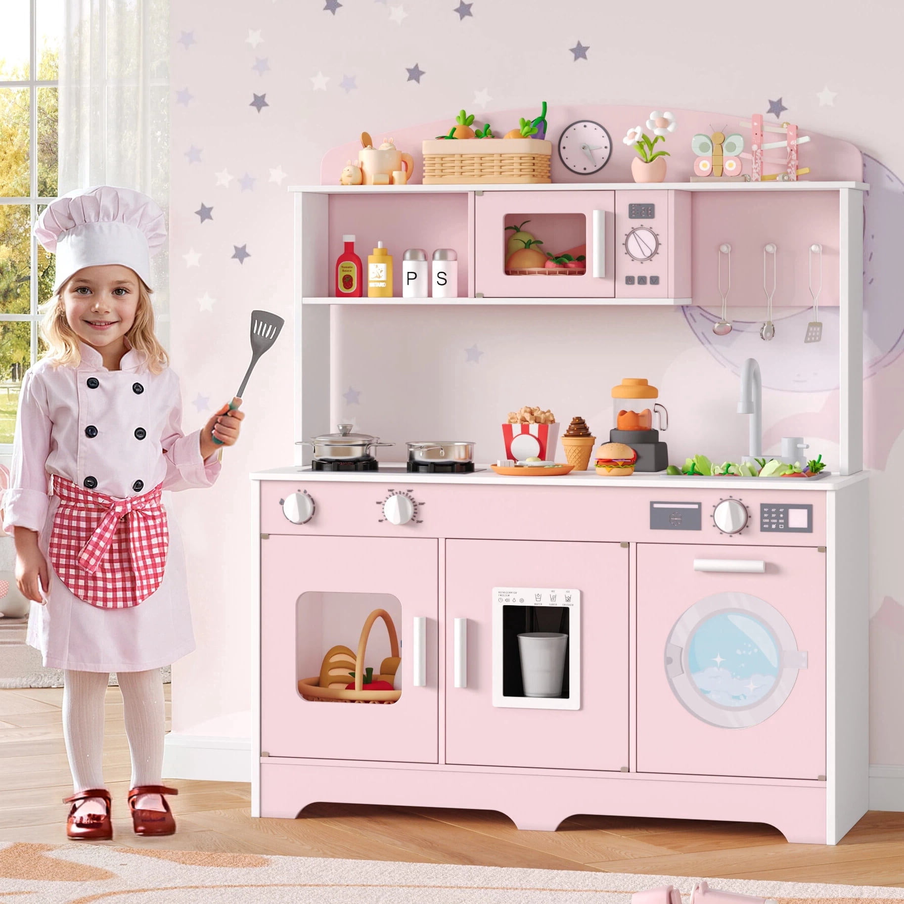 Hiphuta Wooden Kids Play Kitchen Set with 11 Accessories, Interactive Pretend Cooking Station (Pink, 1 Set) rk68r