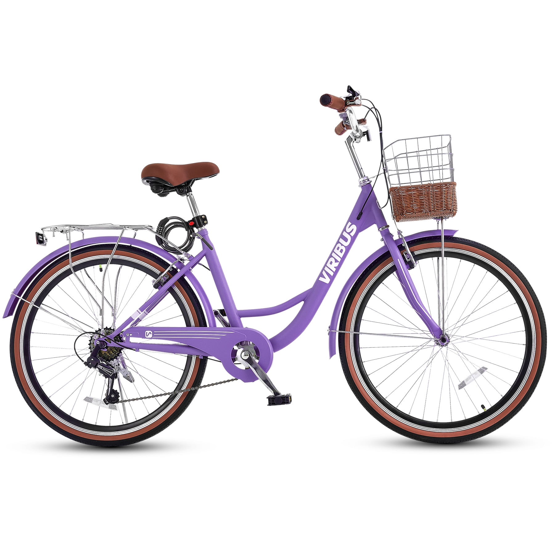Viribus 24 in Women's Cruiser Bike, 7-Speed Beach and City Bicycle with Basket and Rack (Purple, 24 in) wzbic
