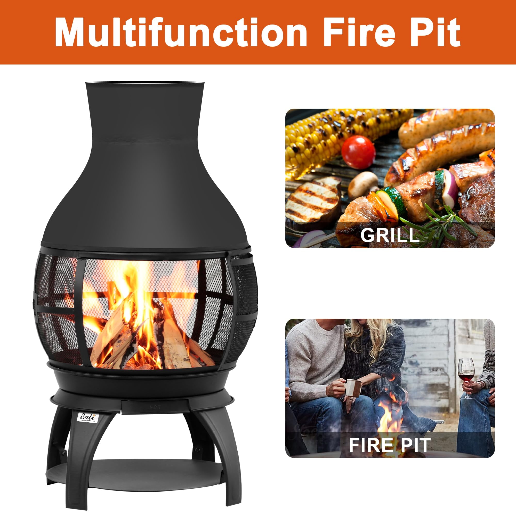 Bali Outdoors Wood Burning Chiminea Fire Pit for Patio and Backyard (Black, 17.7 in x 35.5 in) 0y8yv