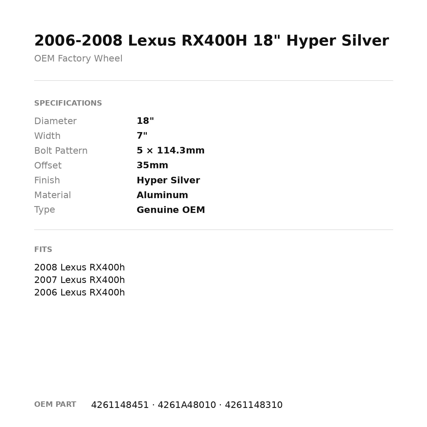 Factory Wheel Warehouse Lexus RX400H OEM Factory Wheel Rim (Hyper Silver, 18 in) igl1q