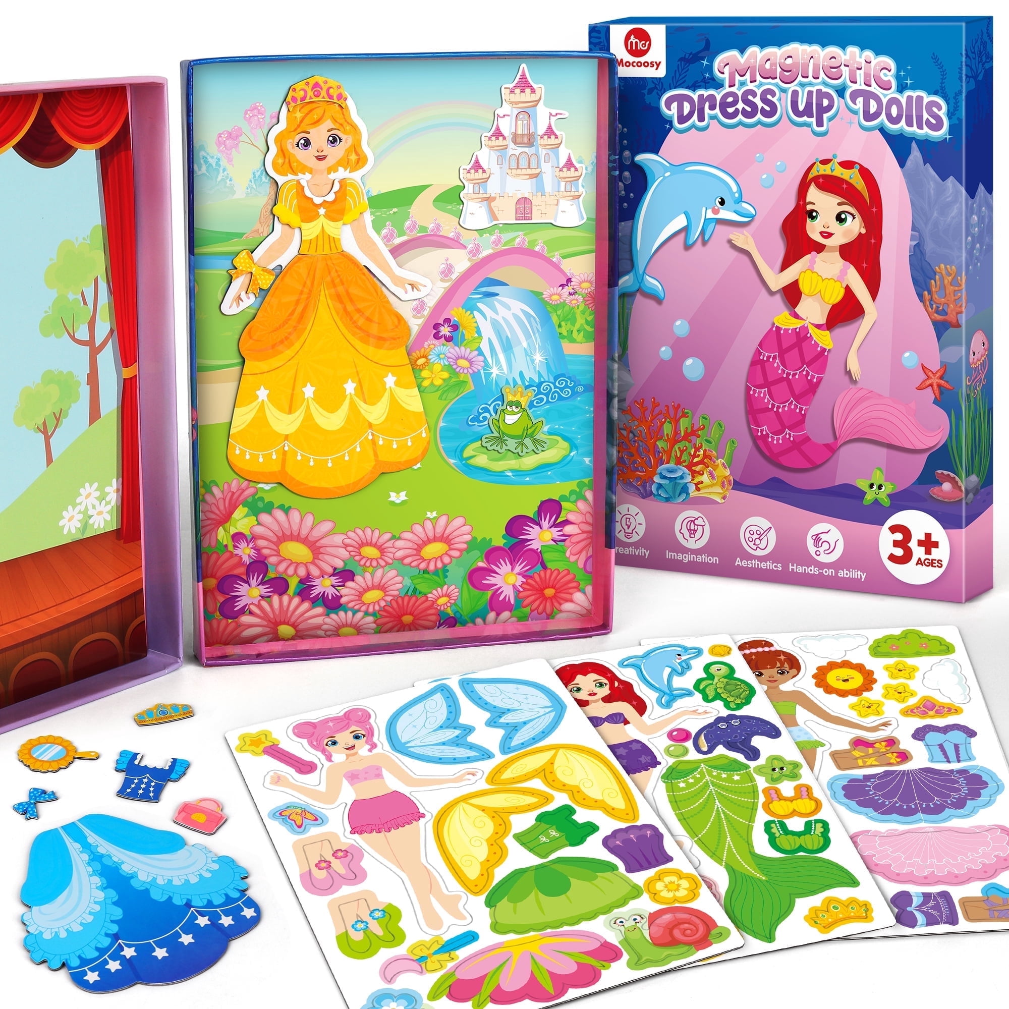 Mocoosy Magnetic Dress Up Dolls Set, Princess Mermaid Fairy Ballerina Pretend Play Kit (Multi-Color, 6.3 in x 8.6 in) 22gds