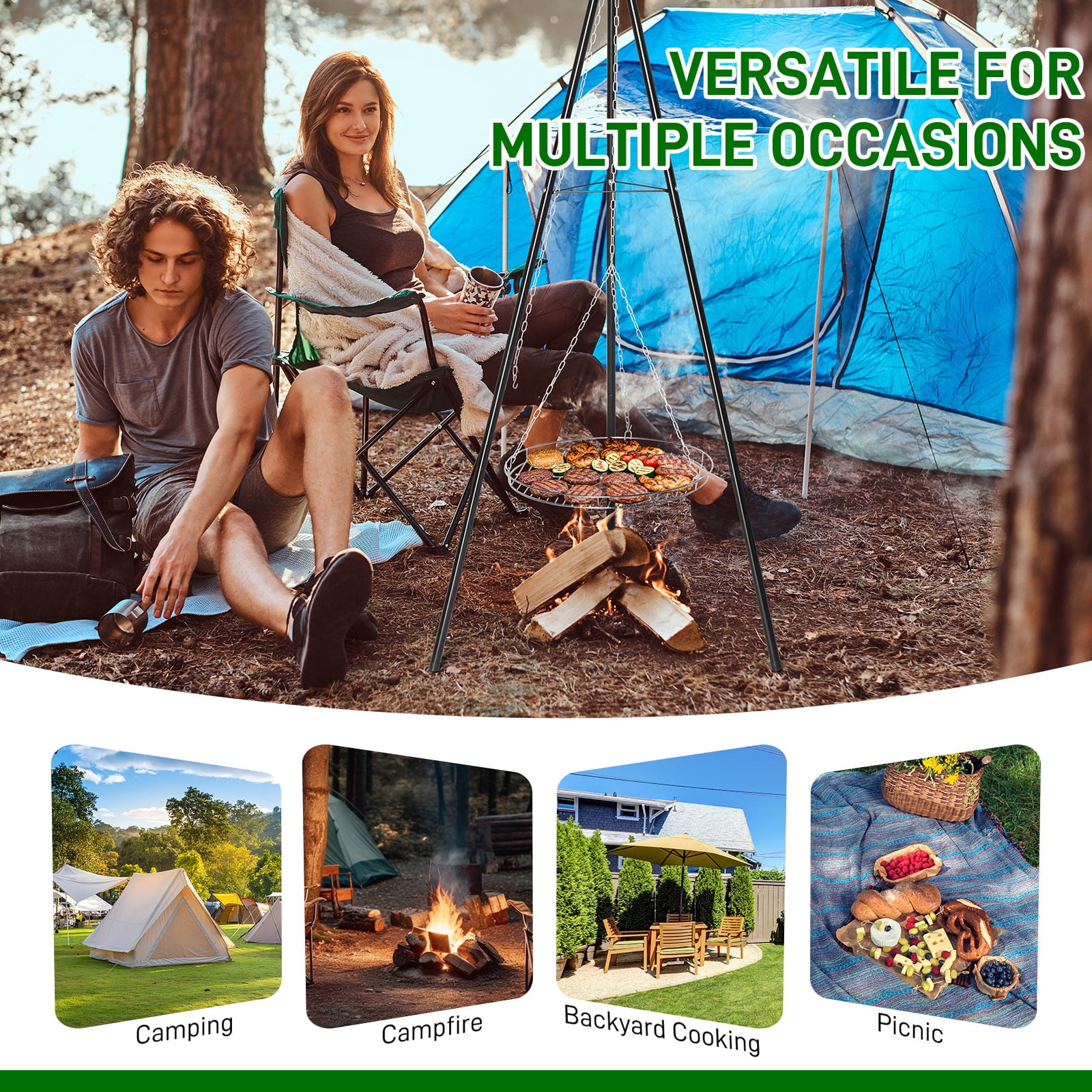 Zimtown Campfire Tripod Grill Swing Cooking Set with Adjustable Rack (Silver) lwovv