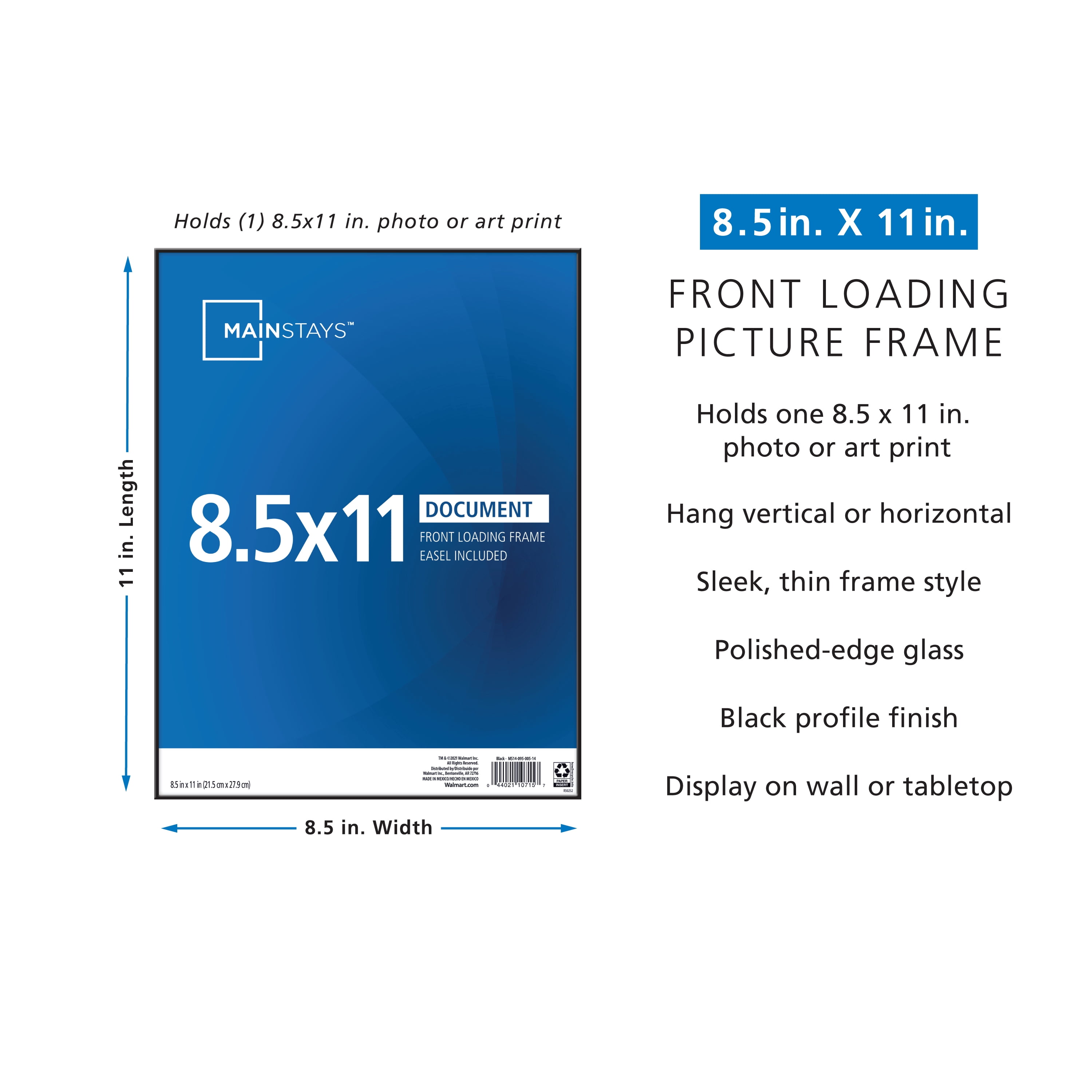 Mainstays Front Loading Picture Frame for 8.5x11 Photos and Documents (Black, 8.5 in x 11 in) 28o9k