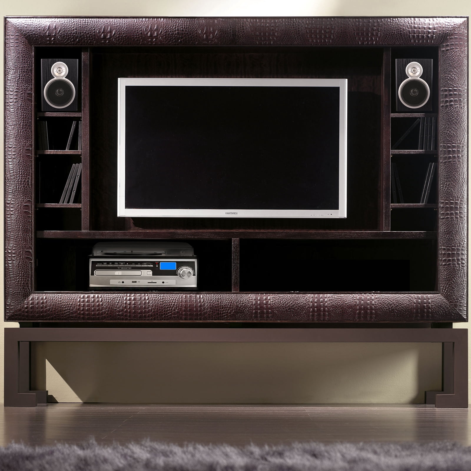 Trexonic 3-Speed Turntable with CD Player, FM Radio, Bluetooth, and Wired Shelf Speakers (Black, 1 Unit) dyqdq