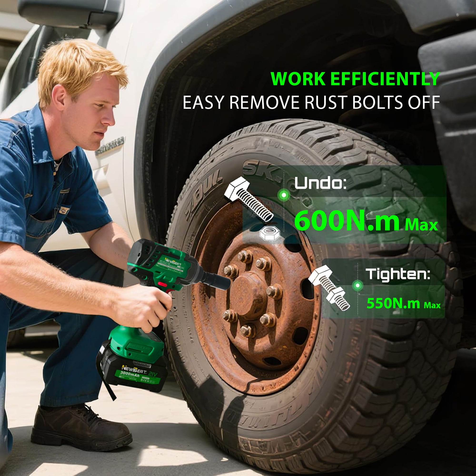 NEWBEAT Cordless Impact Wrench Set, 1/2 in Brushless Power Tool, 405 ft-lb Torque, Variable Speed for Automotive and Home DIY (Green, 1 Set) wlhxu