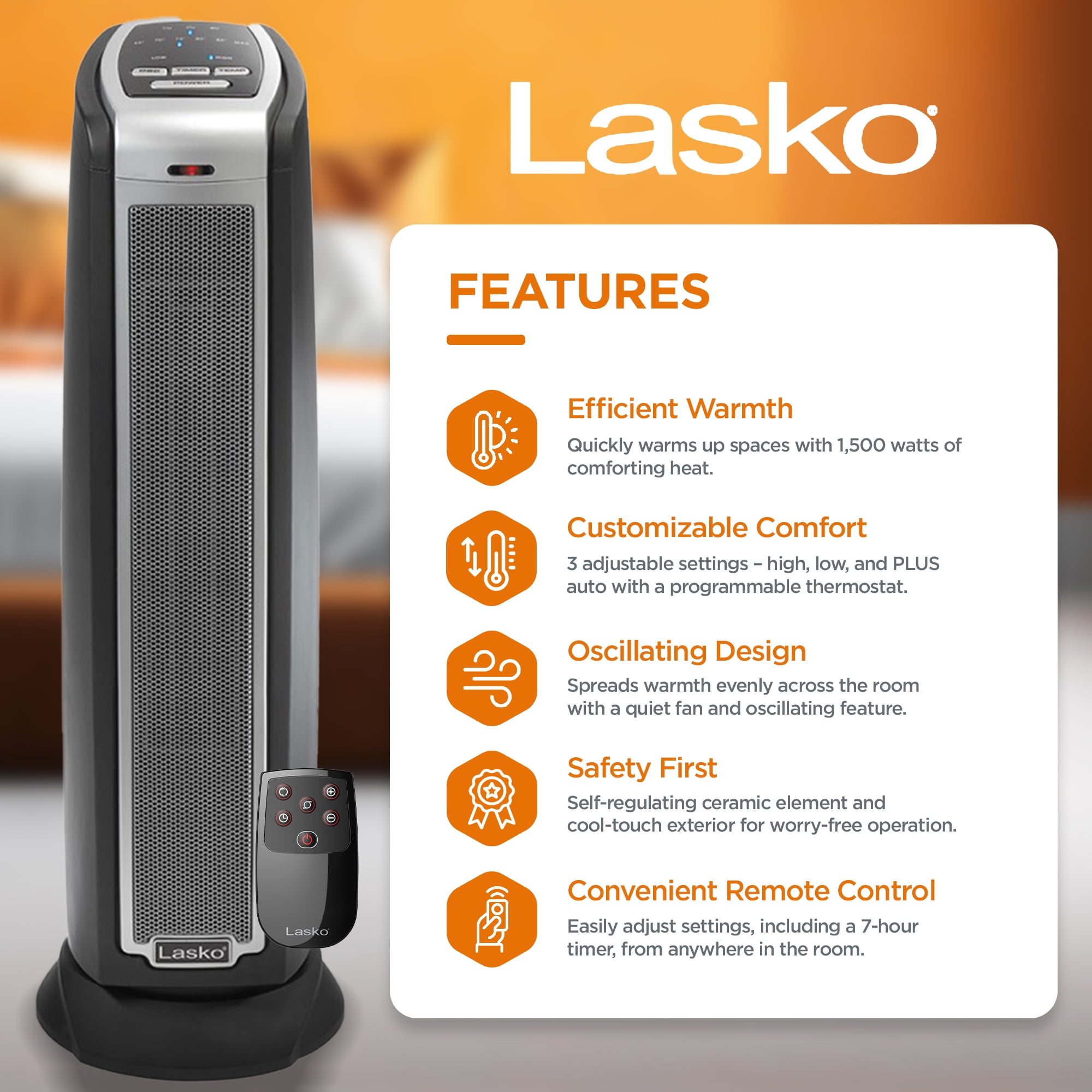 Lasko 1500W Electric Oscillating Ceramic Tower Space Heater with Remote (Black, 1 Unit) jvah5