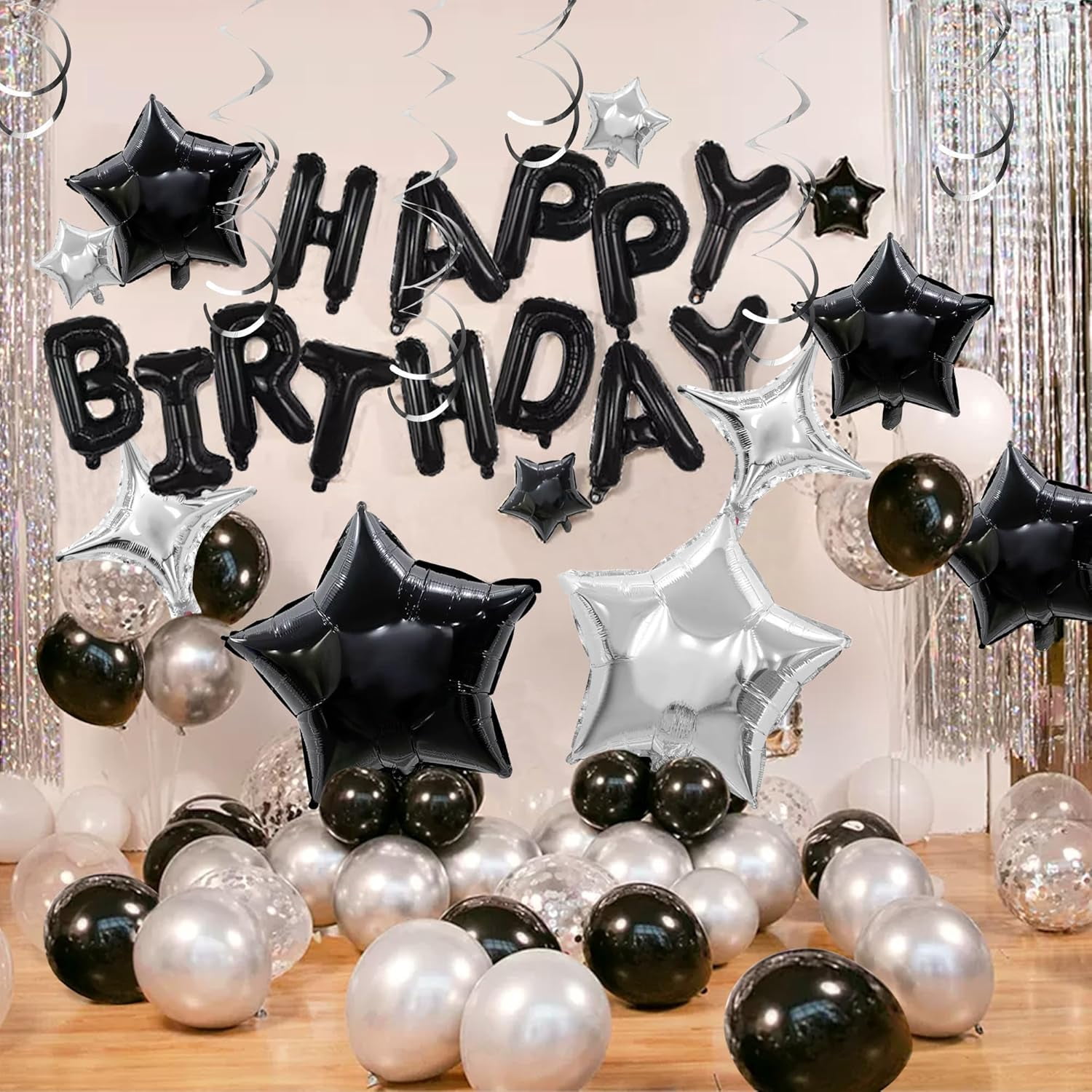 Genreen Birthday Party Decoration Set with Happy Birthday Banner and Balloons (Black and Silver, 56 Piece Set) uflpd