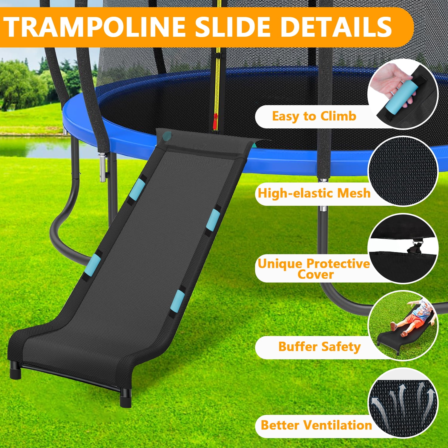ROMUCHE Trampoline Slide and Ladder Attachment with Safety Handles (Black, 60 in x 20 in) loyu3