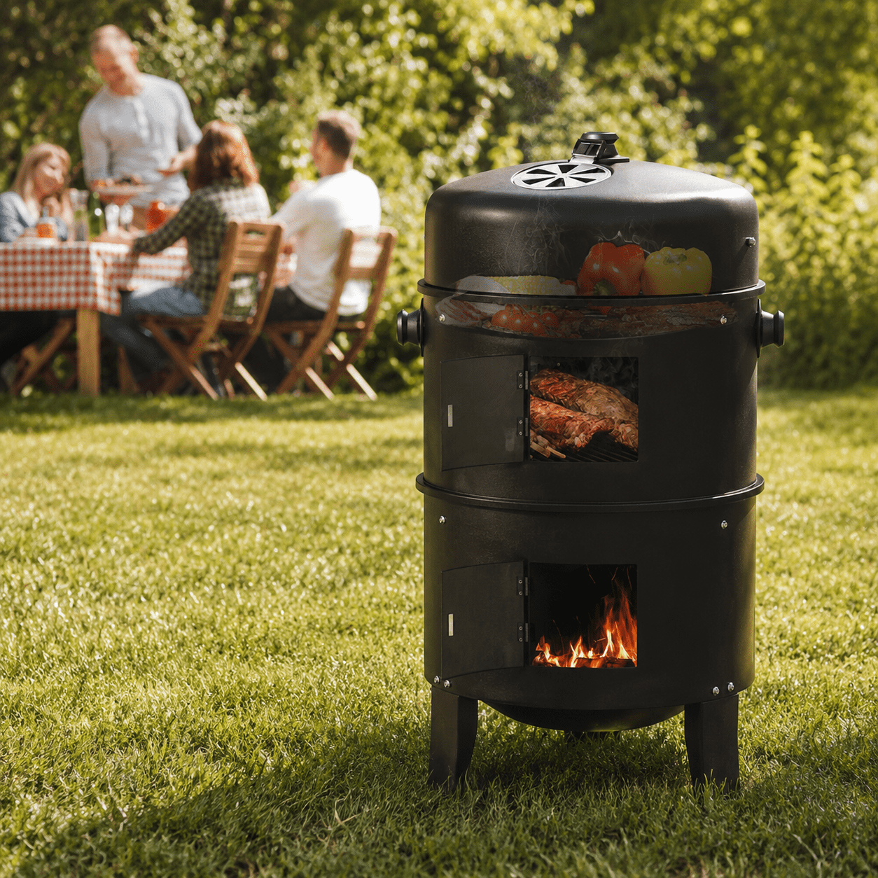 KingChii 3-in-1 Vertical Charcoal Smoker Grill (Black, 20.5 in x 16 in x 32 in) 356yc