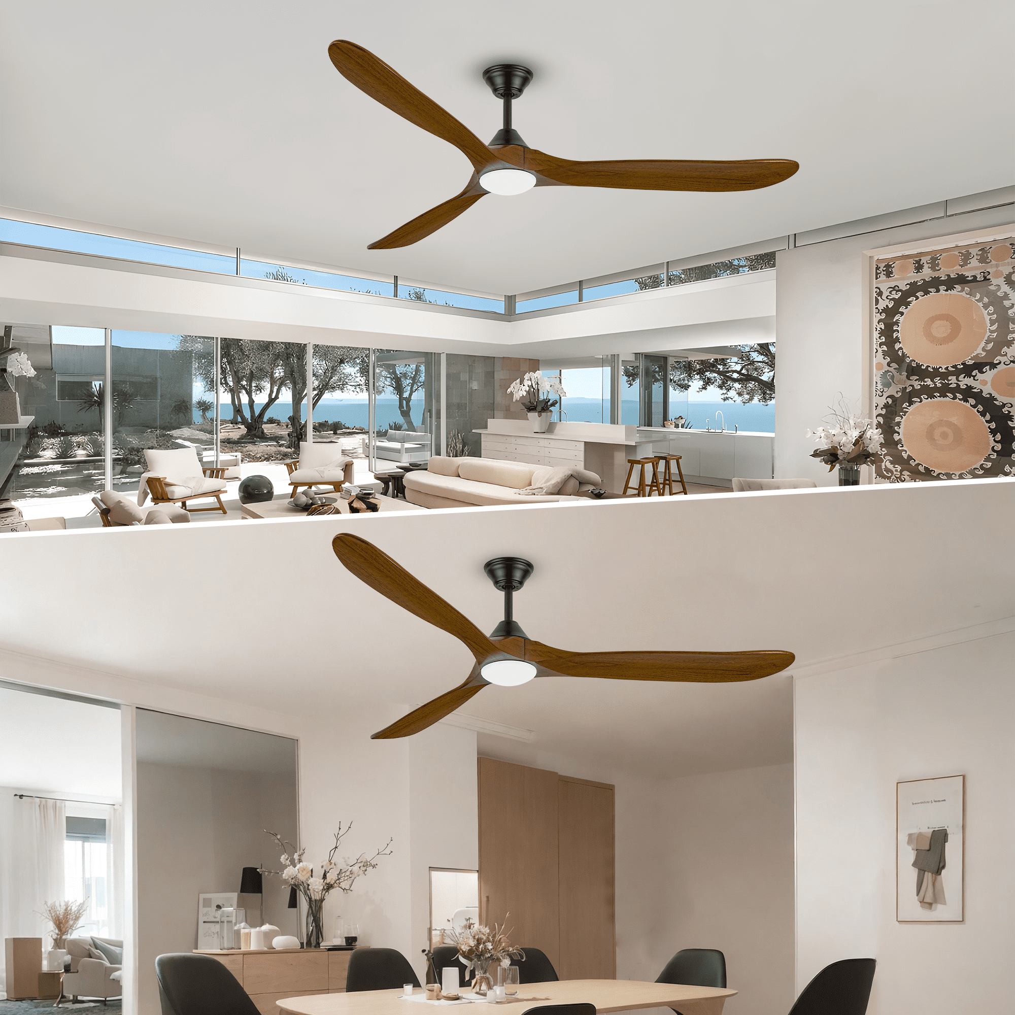 DOOZOLER 60 in Ceiling Fan with LED Light and Remote, 3 Solid Wood Blades, Dimmable Farmhouse Indoor Outdoor Fan (Brown, 60 in) 6gc4b