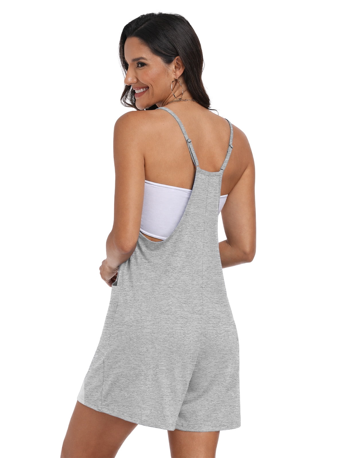 Anygrew Women's Summer Casual Loose Romper Sleeveless V Neck Jumpsuit with Pockets (Grey, Small) 9snkt