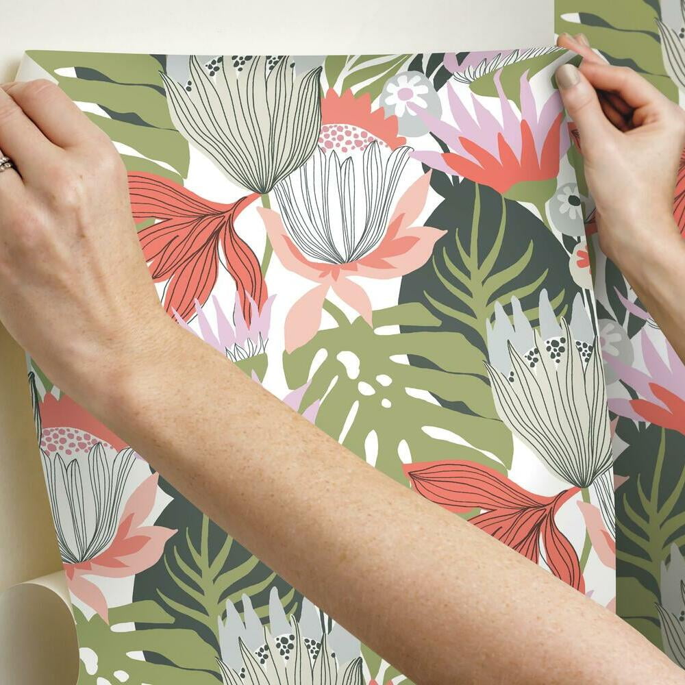 RoomMates Retro Tropical Leaves Peel and Stick Wallpaper (Pink, 20.5 in x 16.5 ft) jncuq