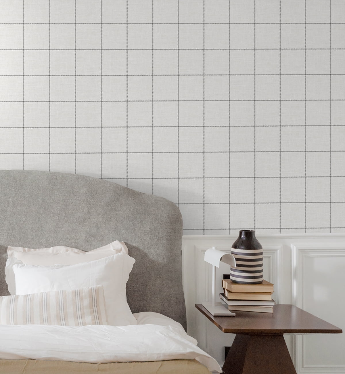 NextWall Charcoal & Linen Classic Striped Check Peel and Stick Wallpaper (Charcoal, 20.5 in. W x 18 ft. L) oplay