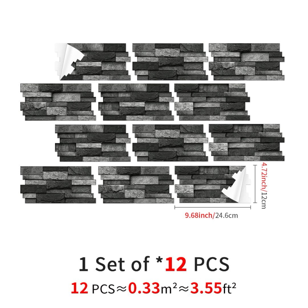 FUDAKUNA Self-Adhesive Wall Tile Stickers, Waterproof Peel and Stick Backsplash for Kitchen and Bathroom (Black Gray Stone Brick, 12 Pack, 4.72 in x 9.68 in) bmwbd