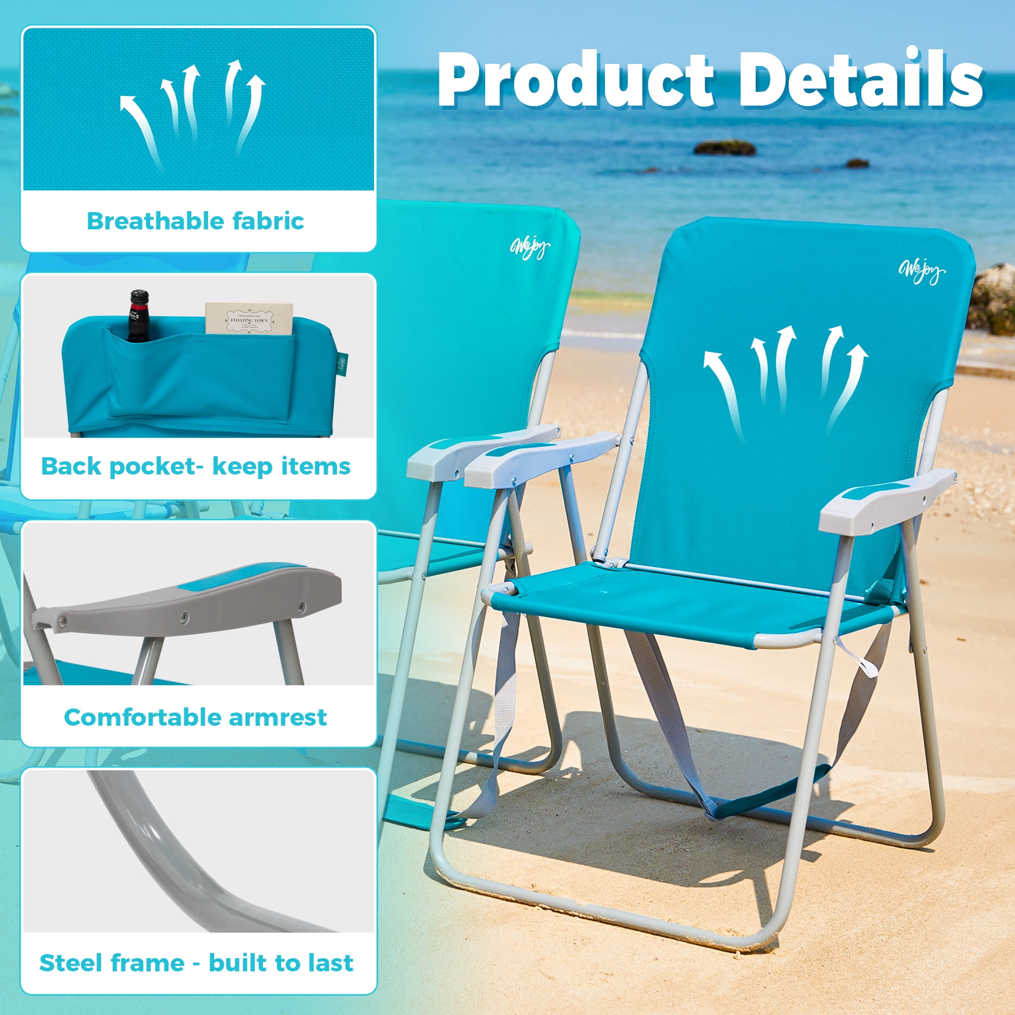 WEJOY Folding Backpack Beach Chair, High Back Outdoor Camping Seat with Storage Pocket (Blue, 300 lb Capacity) y9eff