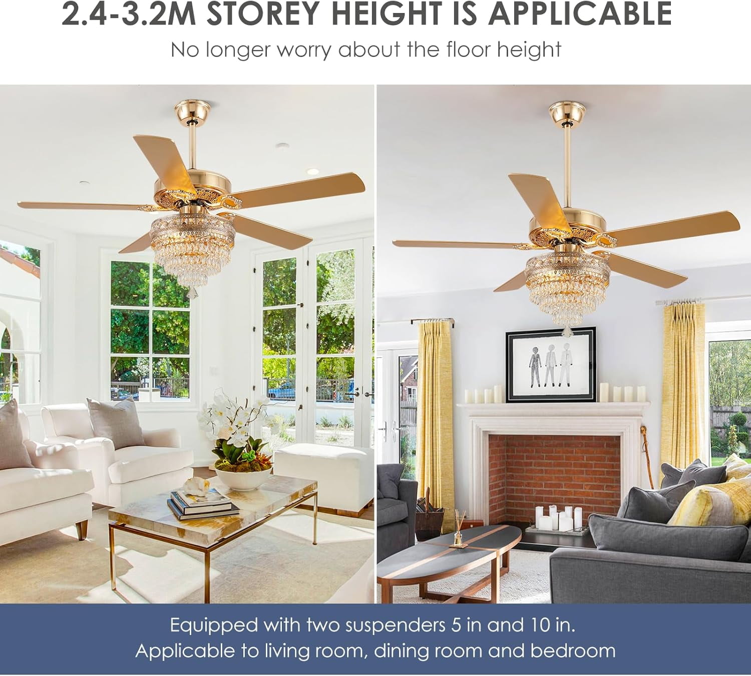 Yiosi 52 in Crystal Chandelier Ceiling Fan with Remote Control, 3-Speed AC Motor, Farmhouse Lighting for Living Room (Gold, 52 in) zuq47