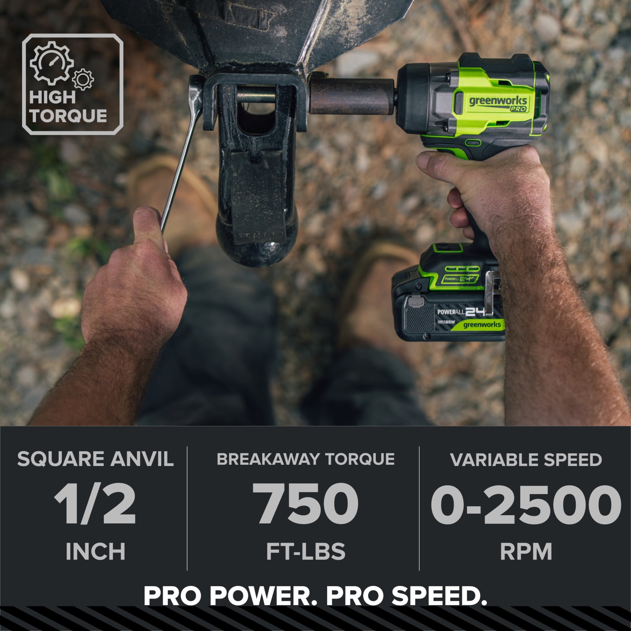 Greenworks Pro PowerAll 24V Brushless 1/2 in Impact Wrench (Green, 750 lb Breakaway Torque) g2aev