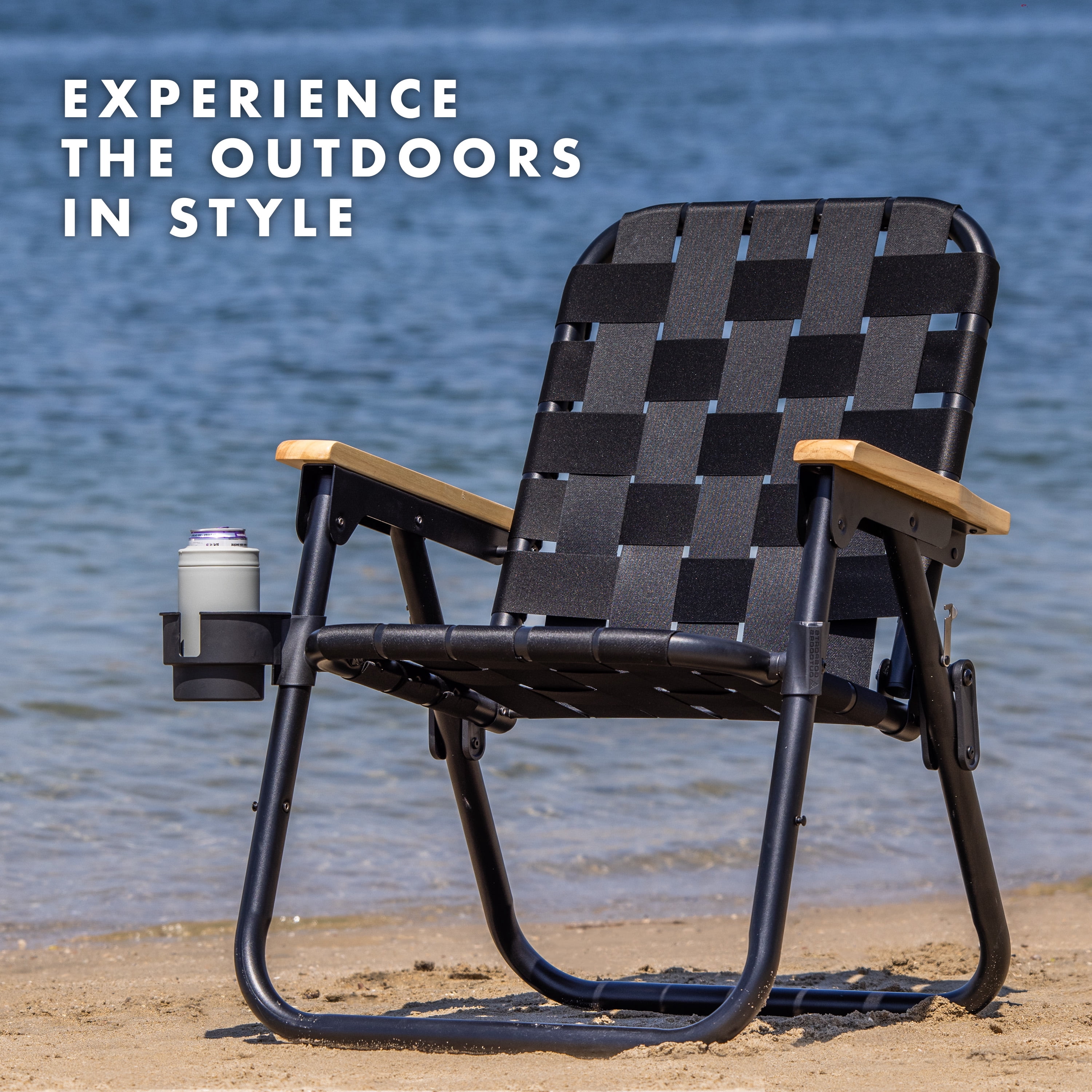 GoSports WOVN Beach Backpack Chair, Premium Folding Camping Chair with Hardwood Armrests (Black, 16 in Seat Height) ioncb