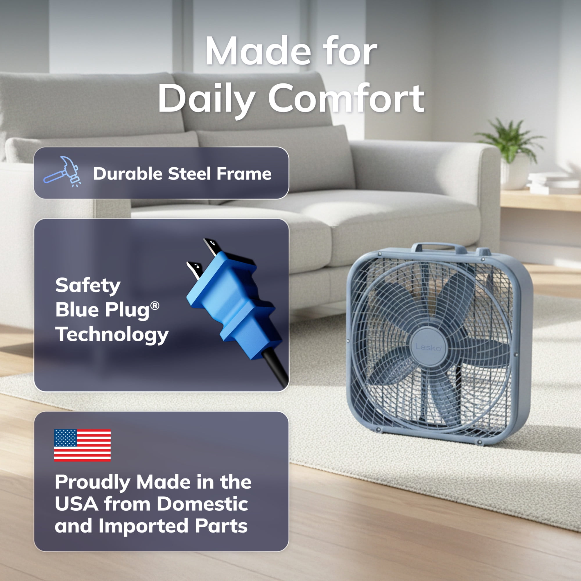 Lasko 20 in Cool Colors Classic Box Fan, Portable Floor or Window Cooling Fan with 3 Speeds (Laguna Blue, 20 in) f4r3m
