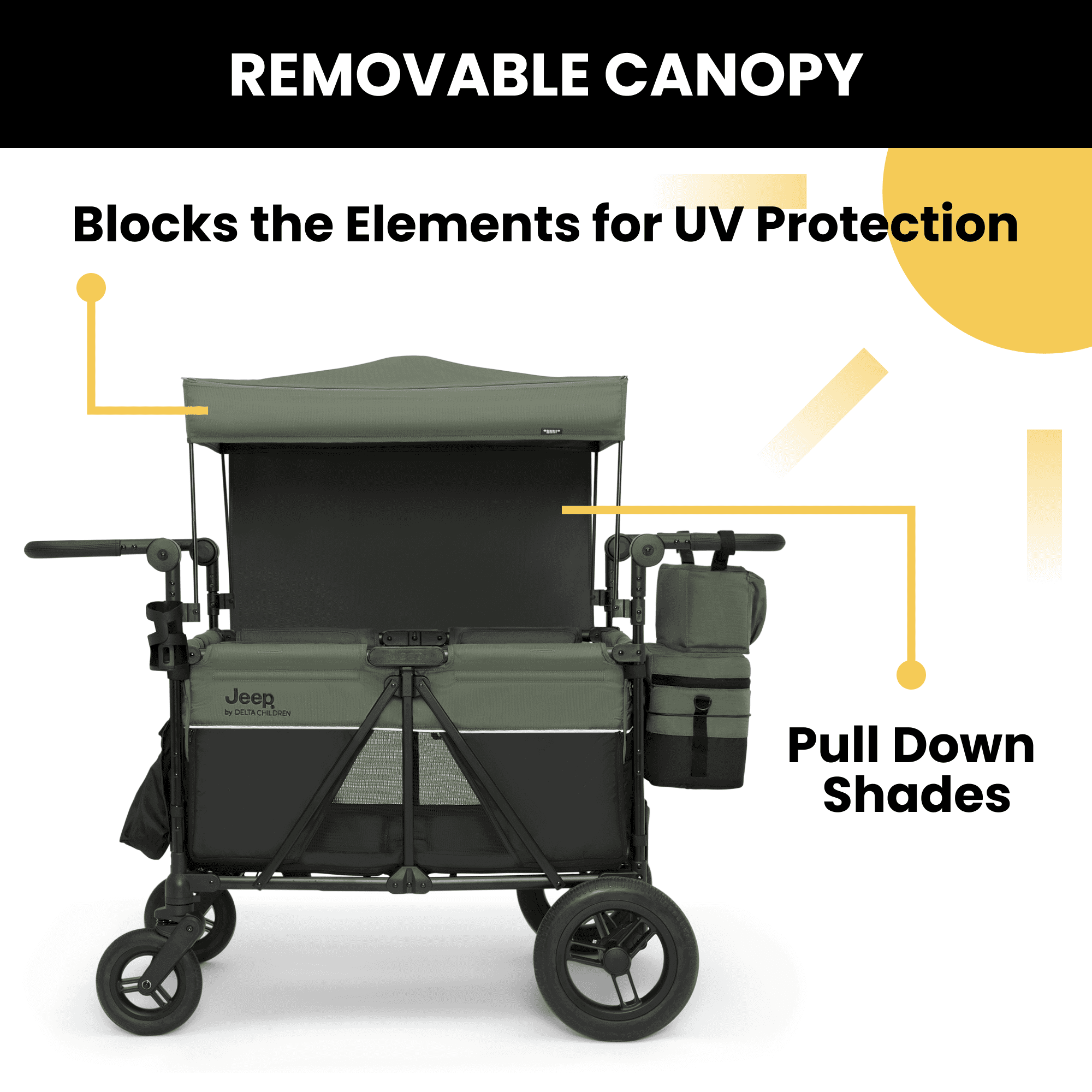 Jeep Wrangler Deluxe 4-Seater Stroller Wagon by Delta Children (Black/Green, 41 in L x 30.25 in W x 51 in H) hed8z