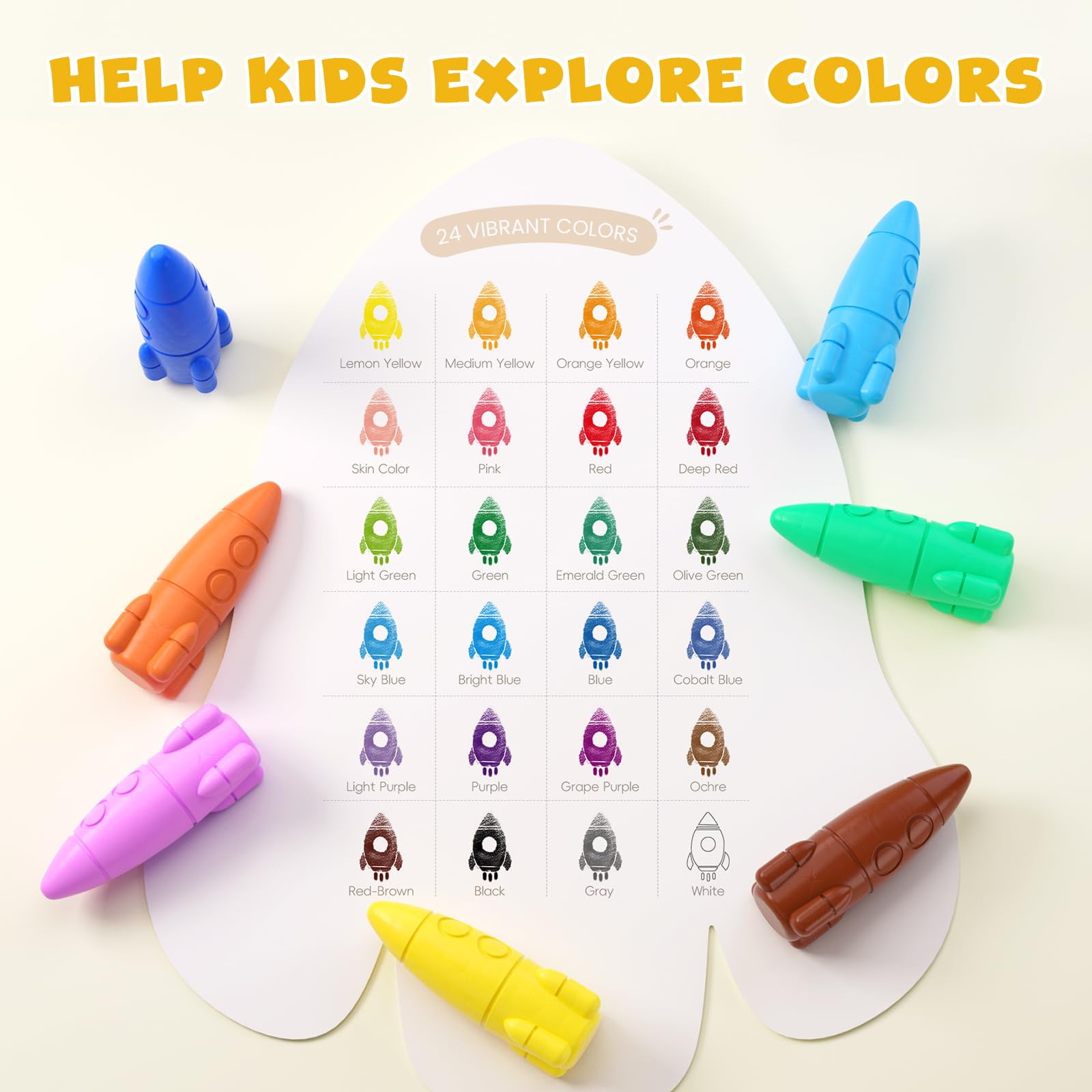 Jupitearth Washable Rocket Crayons for Toddlers, Non-Toxic Easy-to-Hold Art Supplies for Kids (Multicolor, 24 Ct) kl35i