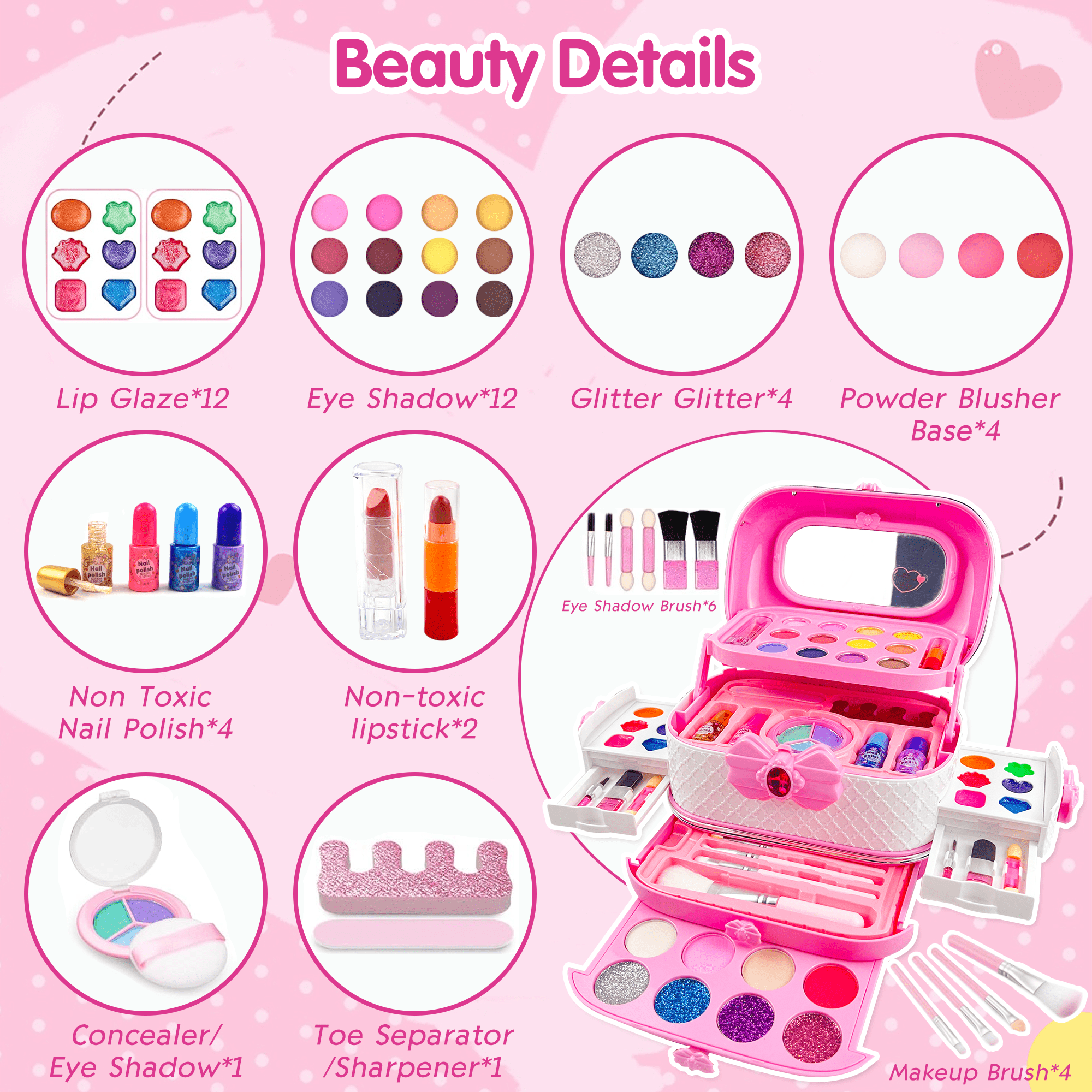 Richgv Kids Makeup Kit, Pretend Play Cosmetic Set for Girls, Washable Beauty Activity Case (Pink, 57 Pcs) vkepg