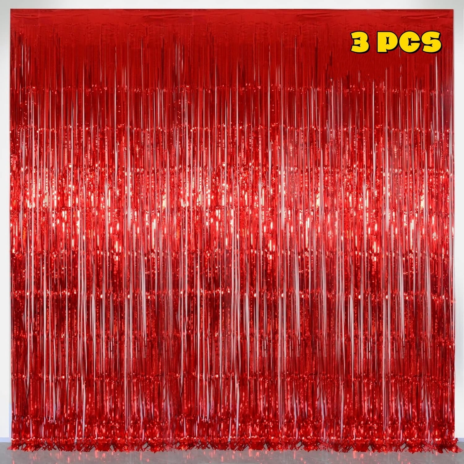 LQQBOX Foil Fringe Backdrop Curtains for Party Decorations (Red, 3 Pack, 39 in x 79 in) 91mod