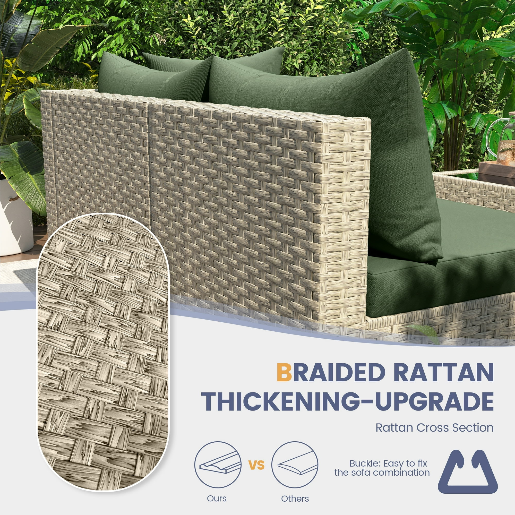 UDPATIO Modular Rattan Outdoor Patio Furniture Set, Weather-Resistant Wicker Sectional Sofa with Cushions (Green, 5-Piece Set) 1kutj
