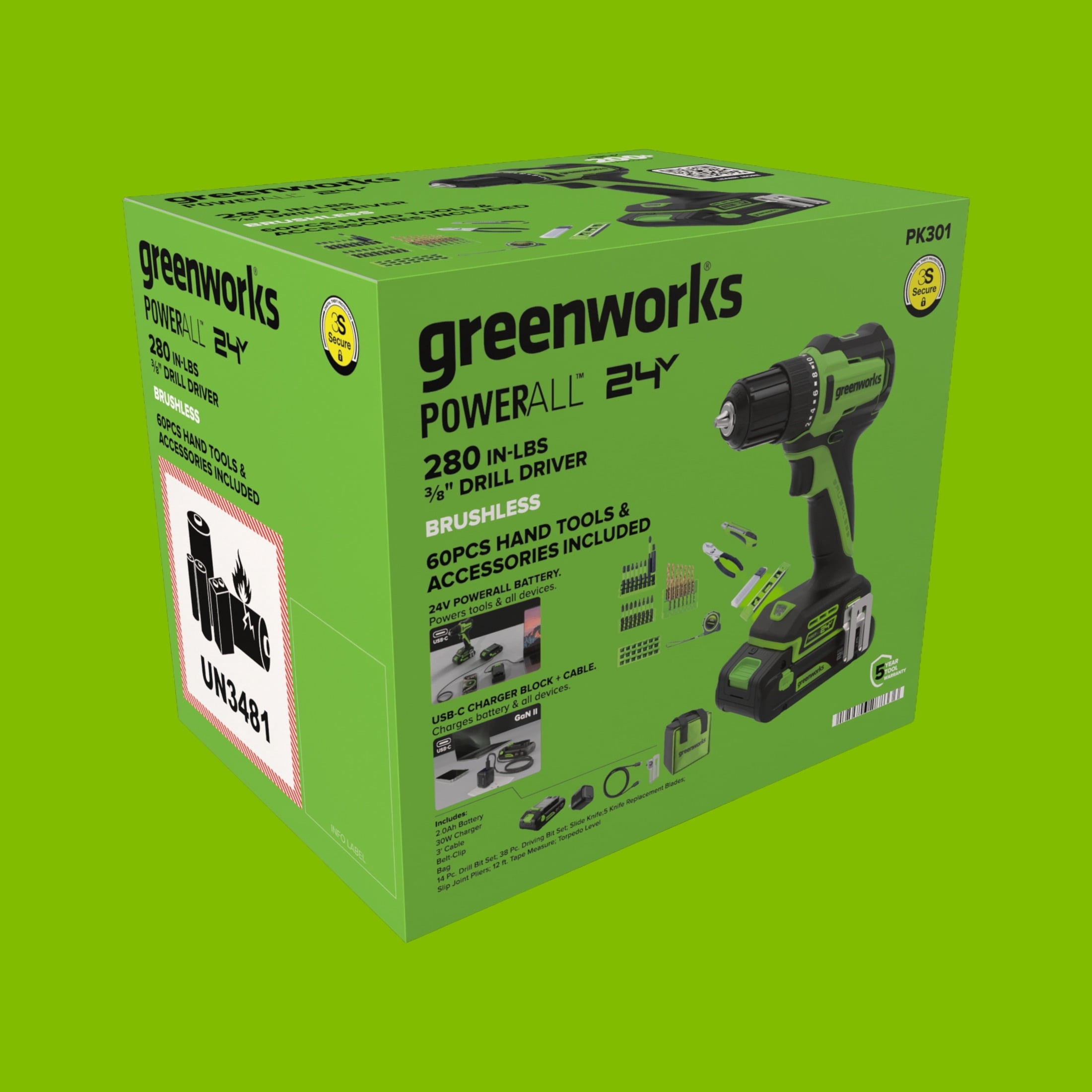 Greenworks PowerAll 24V Brushless 3/8 in Drill Driver and Hand Tool Kit (Green, 2Ah Battery) cbpj3