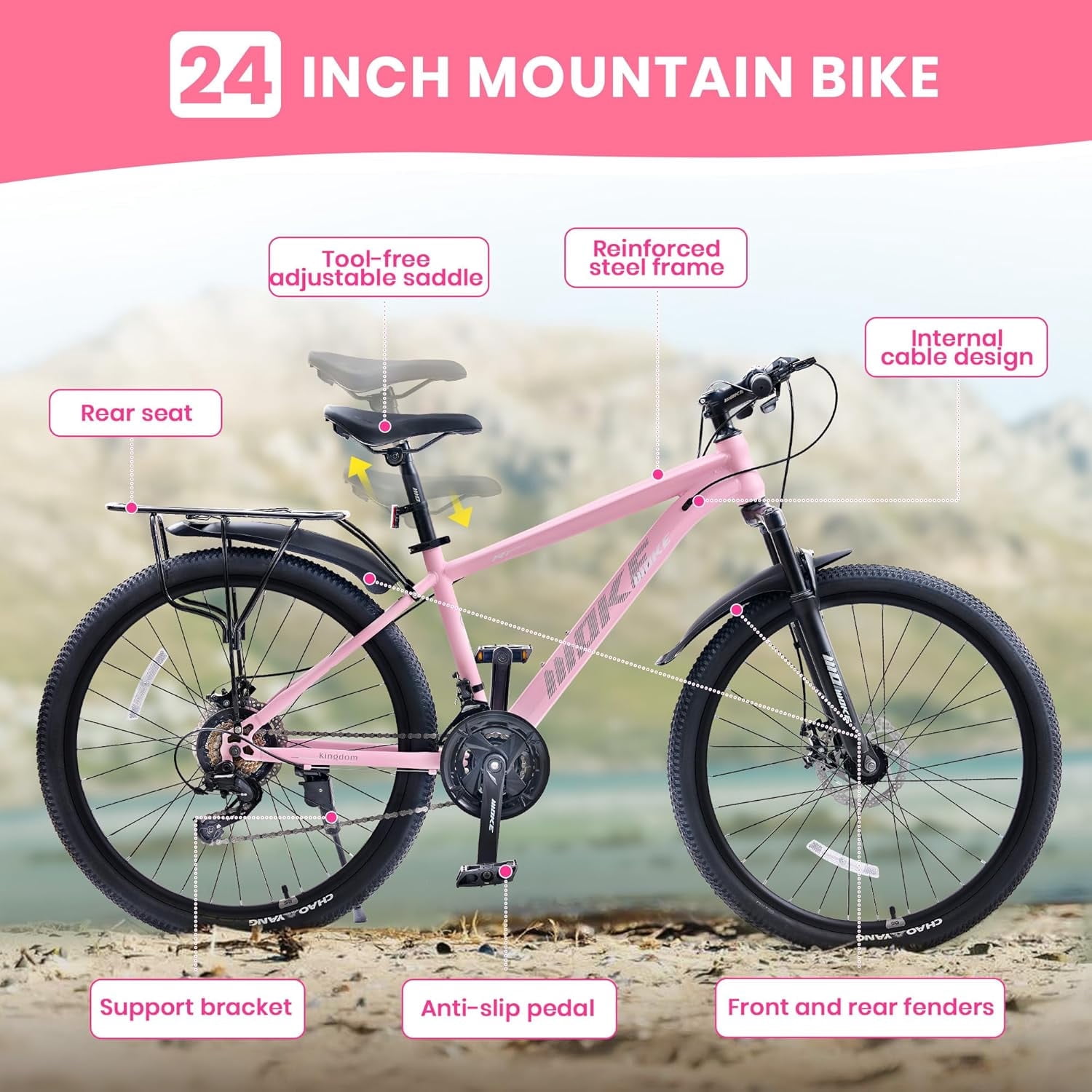 NEORIVERE Women's Mountain Bike, 21-Speed Trail Bicycle with Suspension Fork and Dual Disc Brakes (Pink, 24 in) 73nl5