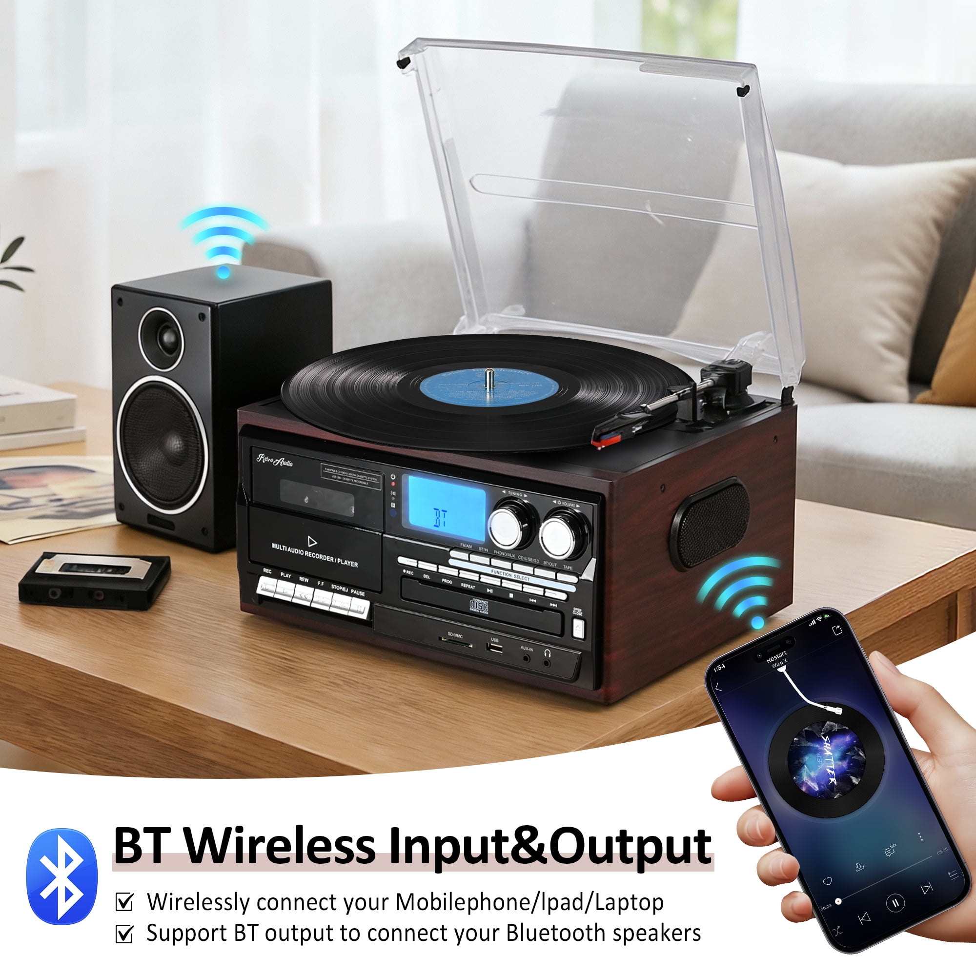 RetroAudio 10-in-1 Vintage Turntable System with Bluetooth, CD, Cassette, AM/FM Radio, and USB Recording (Red) 6i40e