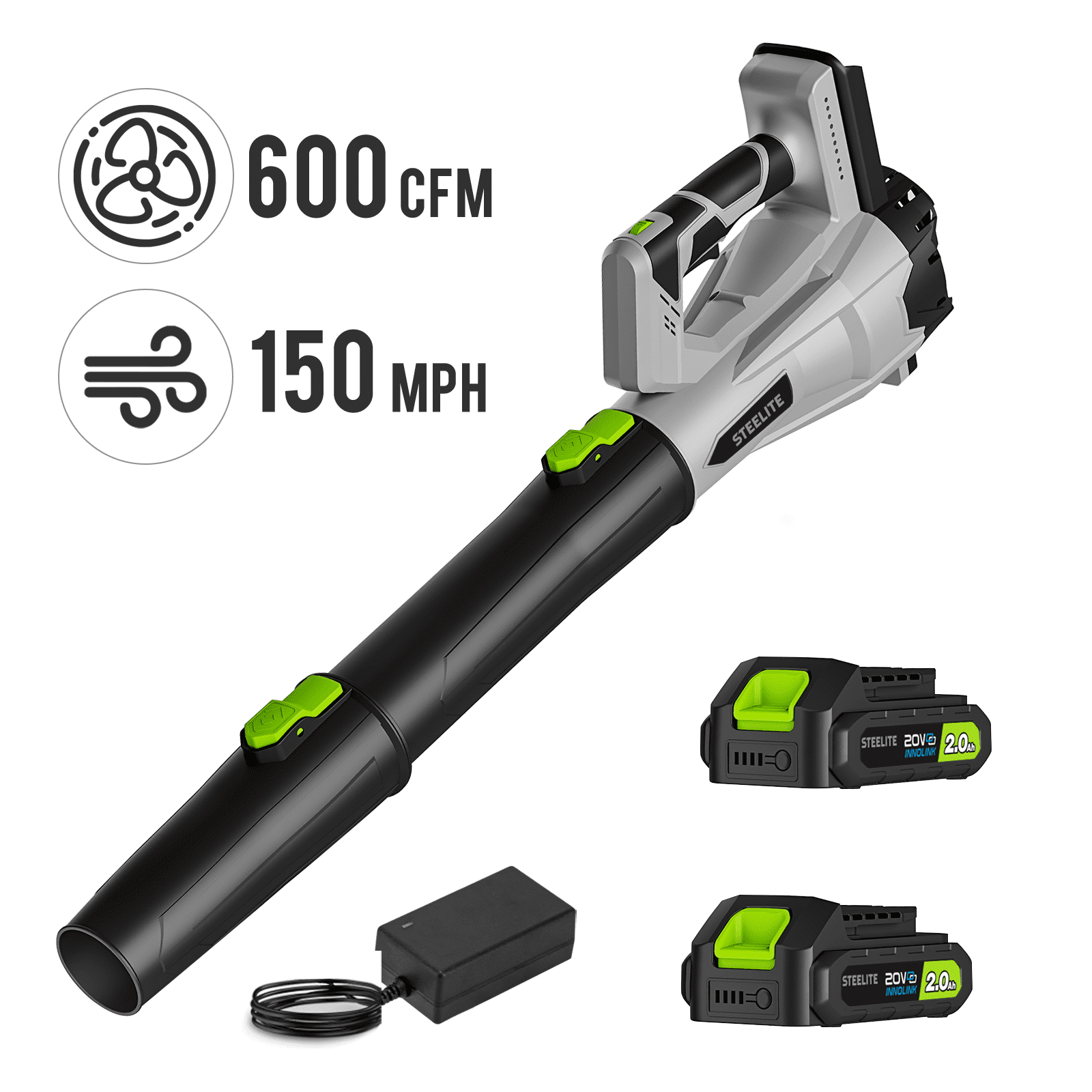 Steelite 21V Cordless Leaf Blower, High-Velocity Electric Yard Blower with 6-Speed Control (Green, 2 x 2.0Ah Batteries) 69pcn
