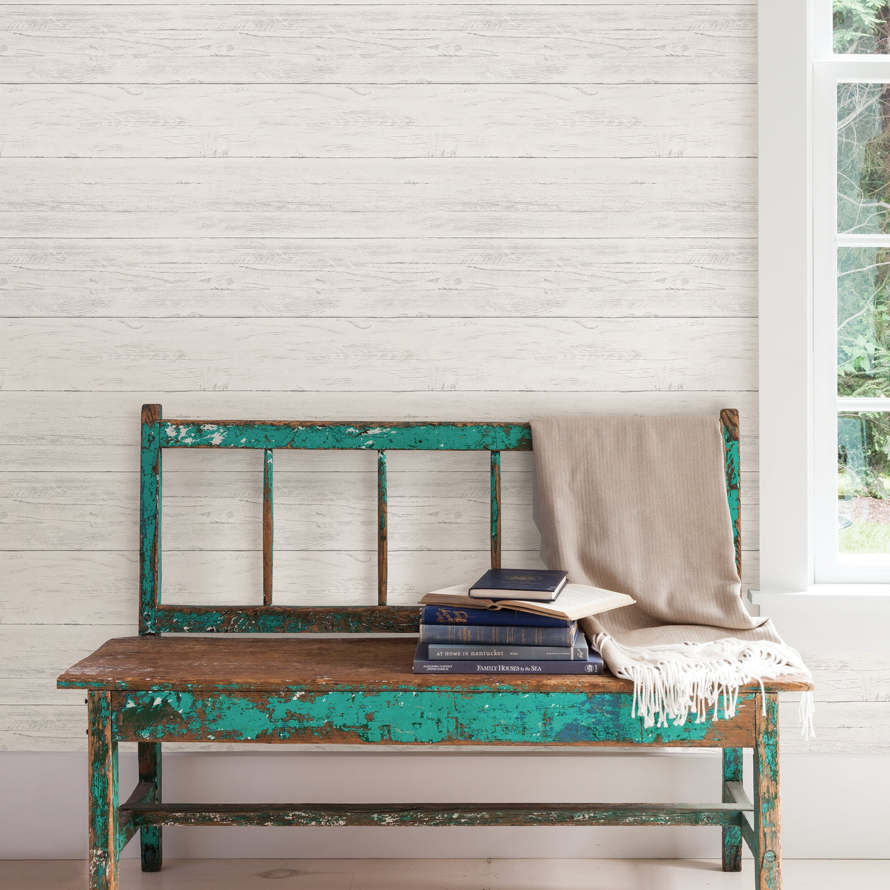 NuWallpaper Shiplap Vinyl Peel And Stick Wallpaper Sample (White, 8 in x 10 in) m5d4c