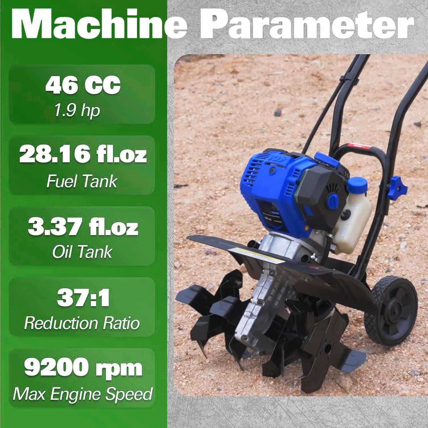 ANILIBATT Gas Garden Tiller, 46cc Power Cultivator for Soil Preparation and Digging (16 in Width, 8 in Depth) w6ict