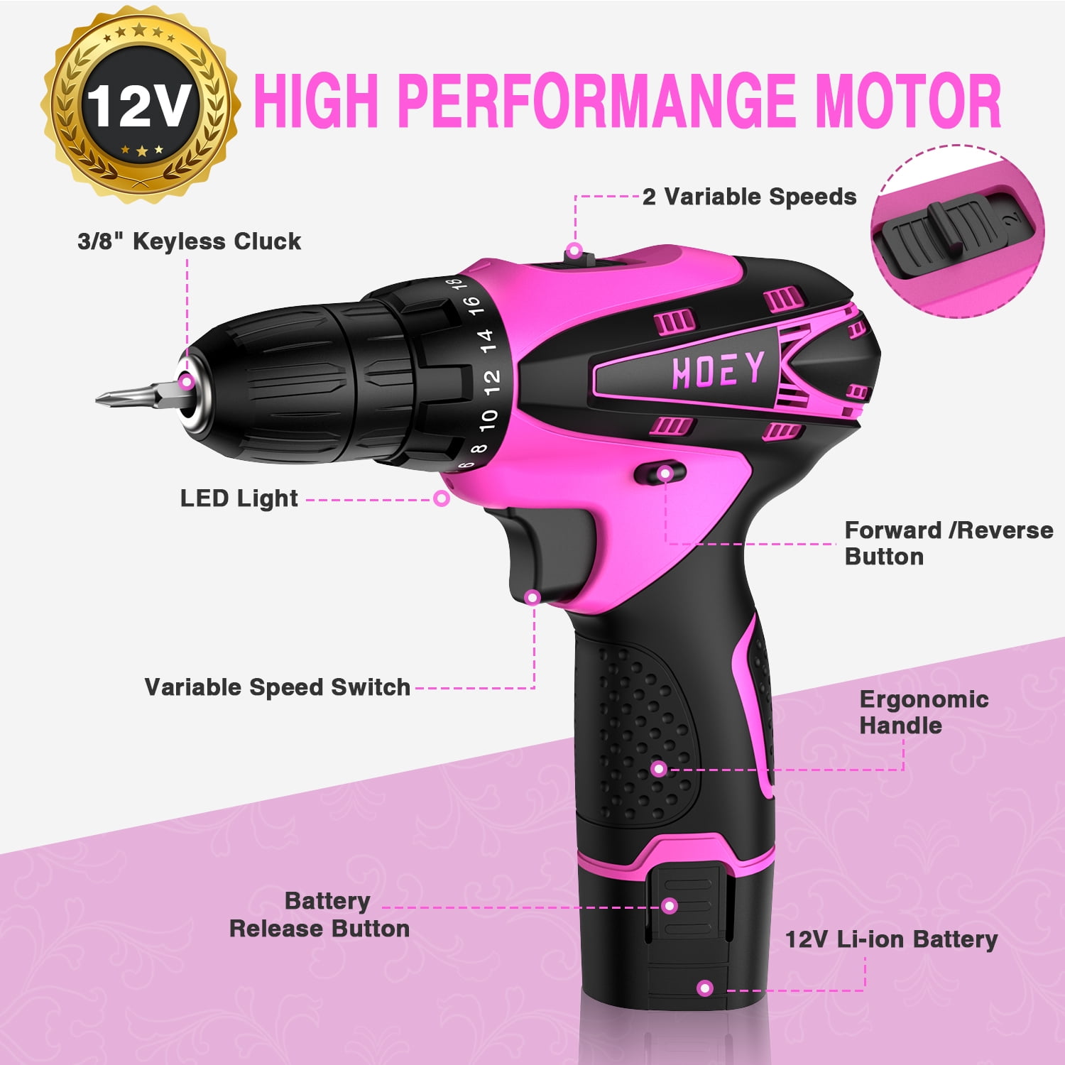 Hoey Cordless Drill Set, 12V Power Drill Electric Screwdriver Kit with 22 Pcs Accessories (Pink, 3/8 in Chuck) 482z7