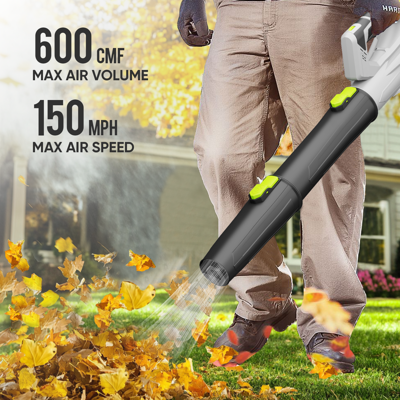 Steelite 21V Cordless Leaf Blower, High-Velocity Electric Yard Blower with 6-Speed Control (Green, 2 x 2.0Ah Batteries) 69pcn