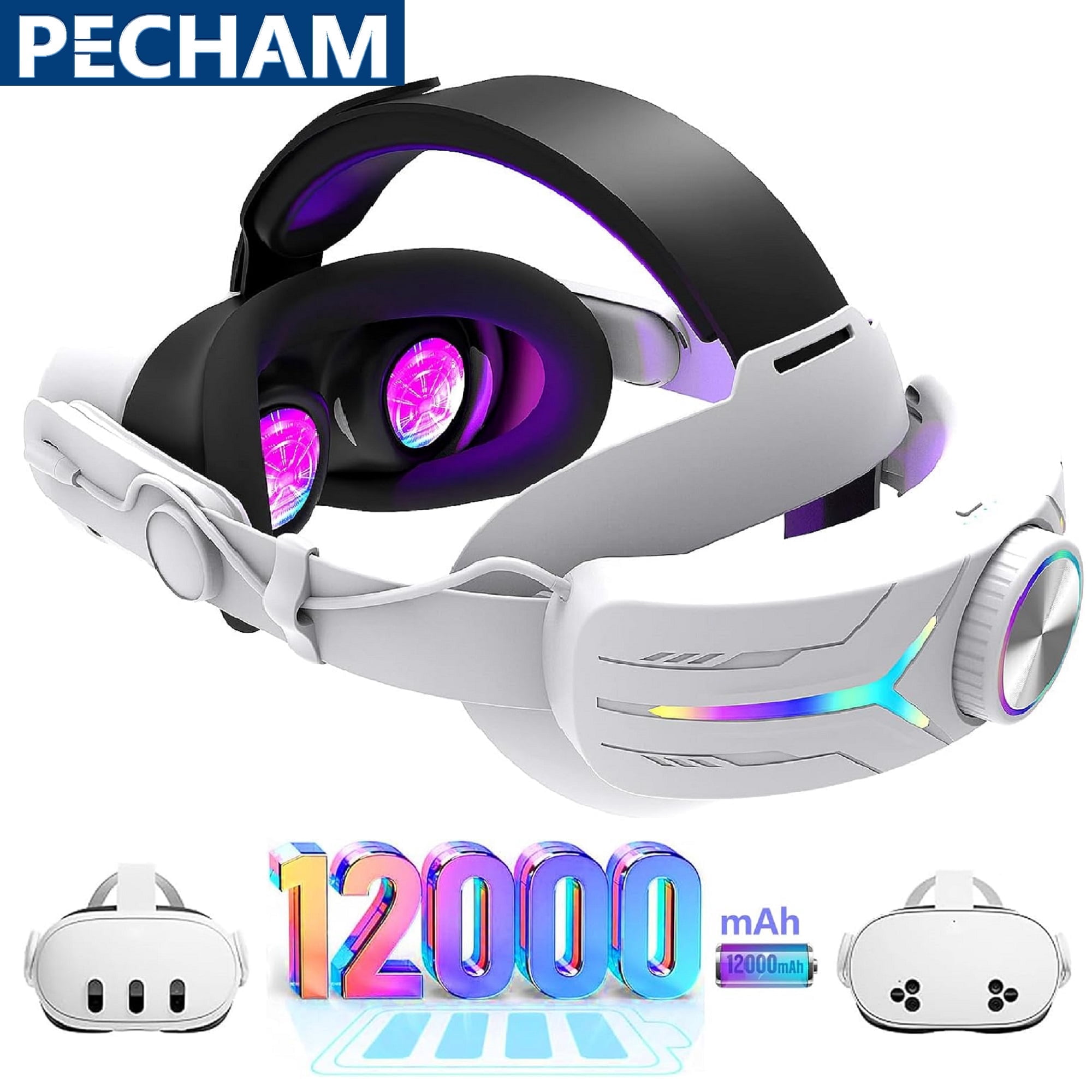 Pecham Battery Head Strap for Meta Quest 3/3S, 12000mAh Extended Power Elite Strap with RGB Lighting, Ergonomic Adjustable VR Headset Accessory (White, 12000mAh) 204ny