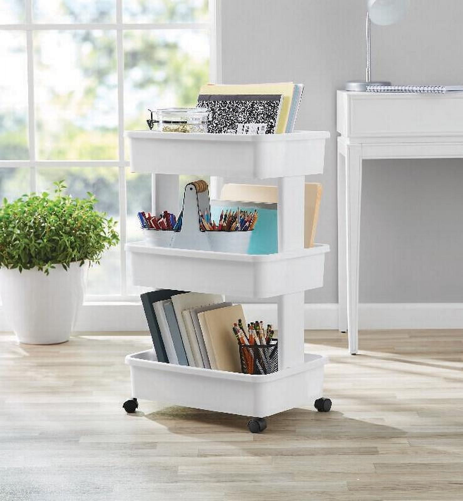 Mainstays 3-Tier Rolling Storage Cart, Multi-Purpose Organizer for Laundry and Home (Arctic White, 17.3 in x 12.5 in x 27.2 in) 9jpbk