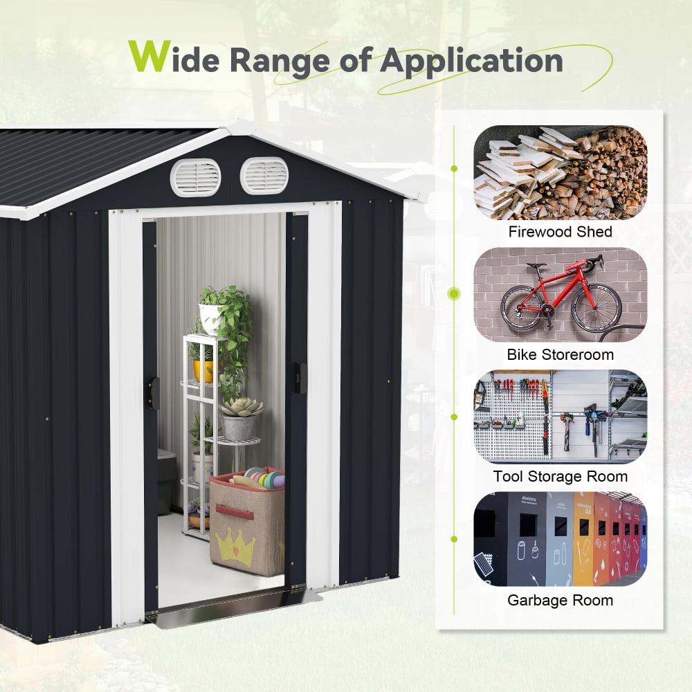Generic Metal Storage Shed Outdoor Garden Tool House with Lockable Doors and Air Vents (Grey, 8x6 ft) nbo5r