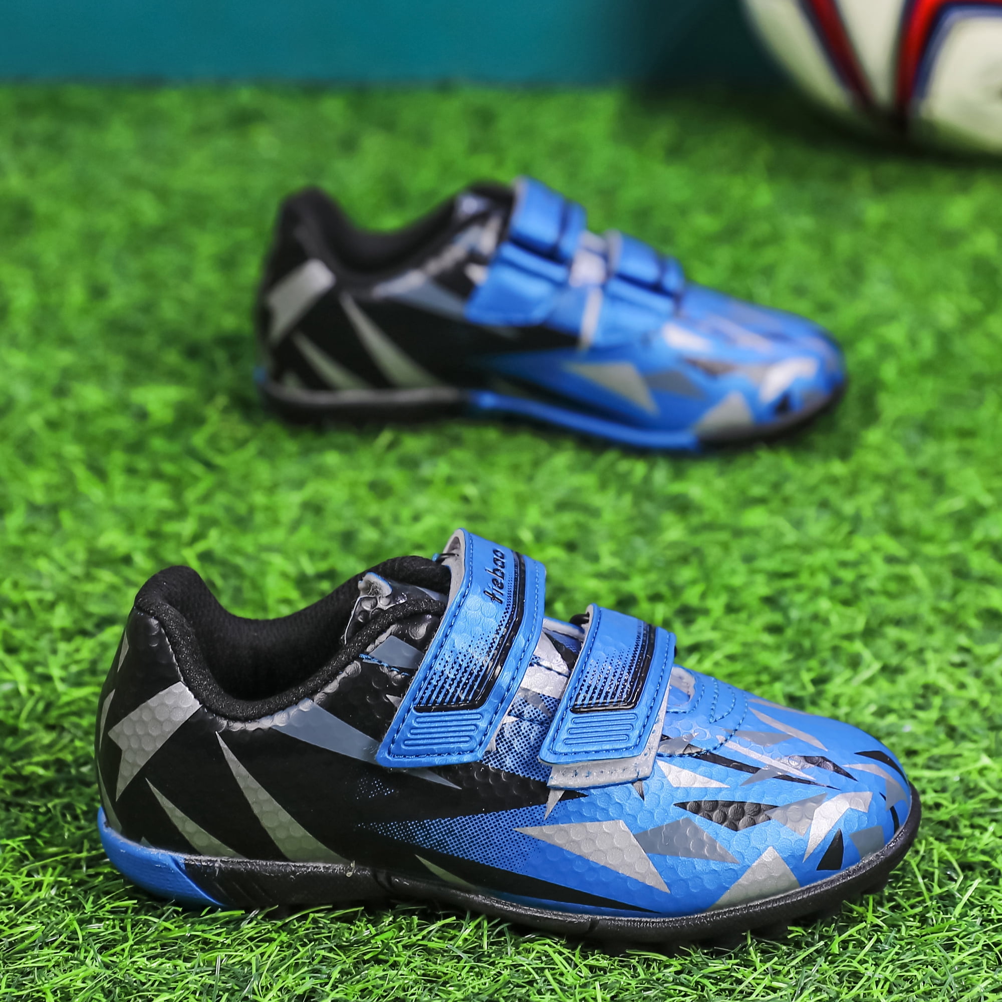 MiFeloo Kids Soccer Cleats Outdoor Football Turf Athletic Shoes (Black/Blue, 12 US Little Kid) 42aza
