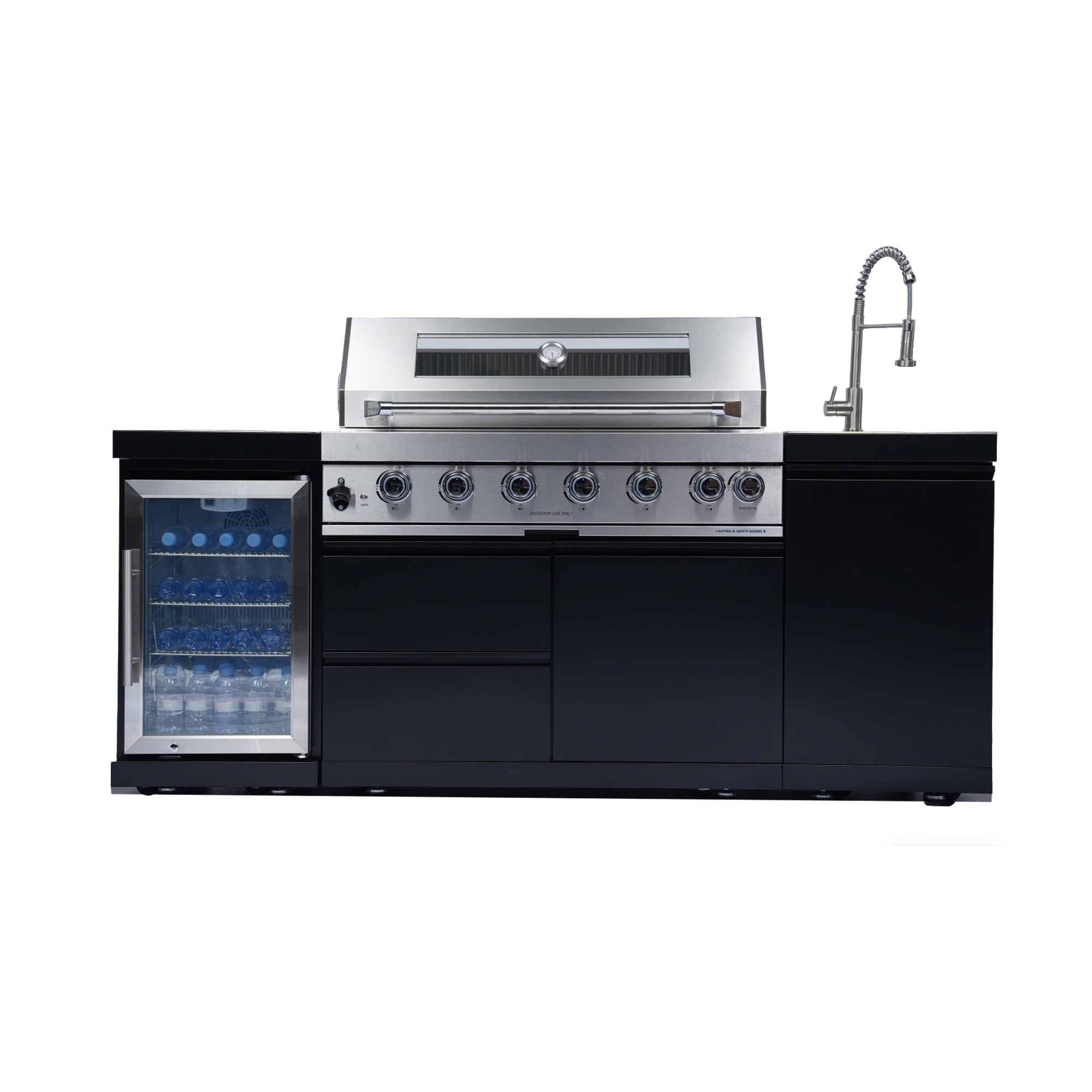 Navratil 82-Inch 6-Burner Gas Outdoor Kitchen Island Grill with Wine Cooler, Rotisserie, and Storage (Black, 82 in) 3u91l